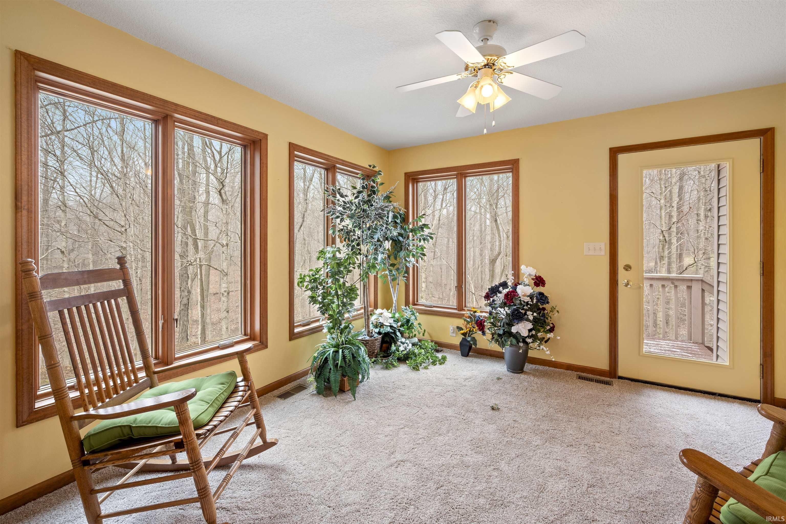 Living area featuring carpet and ceiling fan