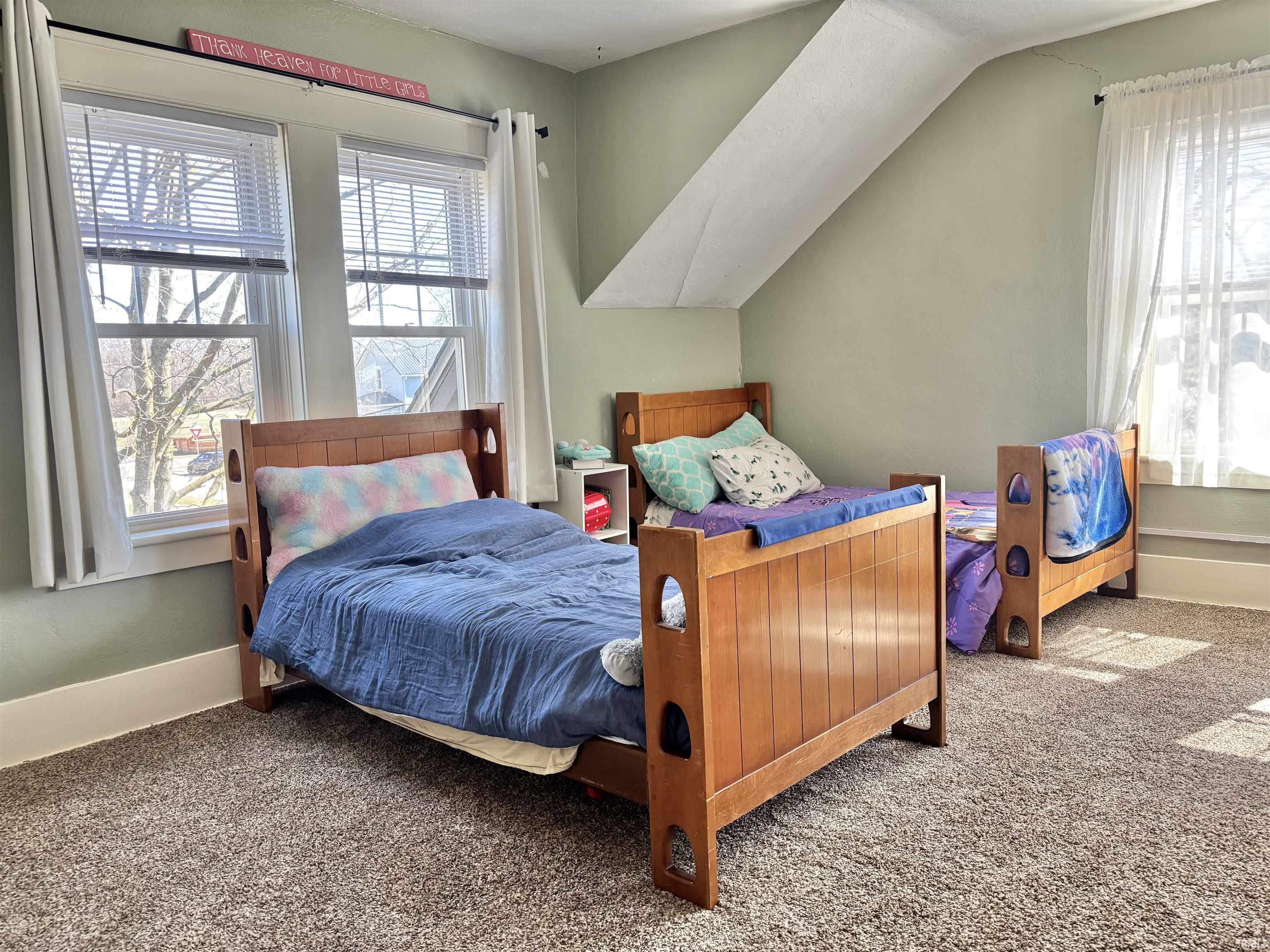 Bedroom with lofted ceiling and carpet floors