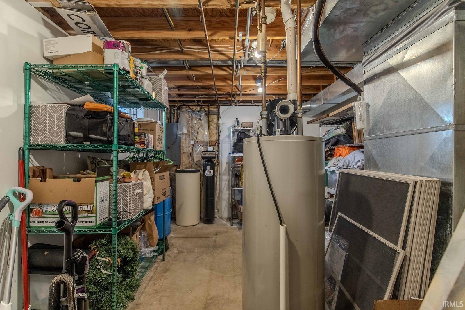 Storage room with water heater, electric panel, and heating unit