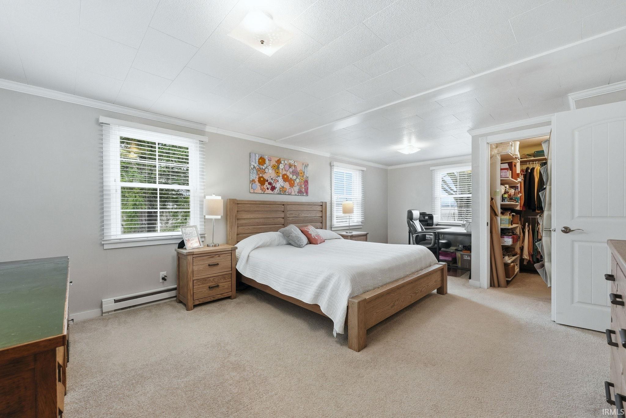 Bedroom featuring light colored carpet, crown molding, a walk in closet, and a baseboard radiator
