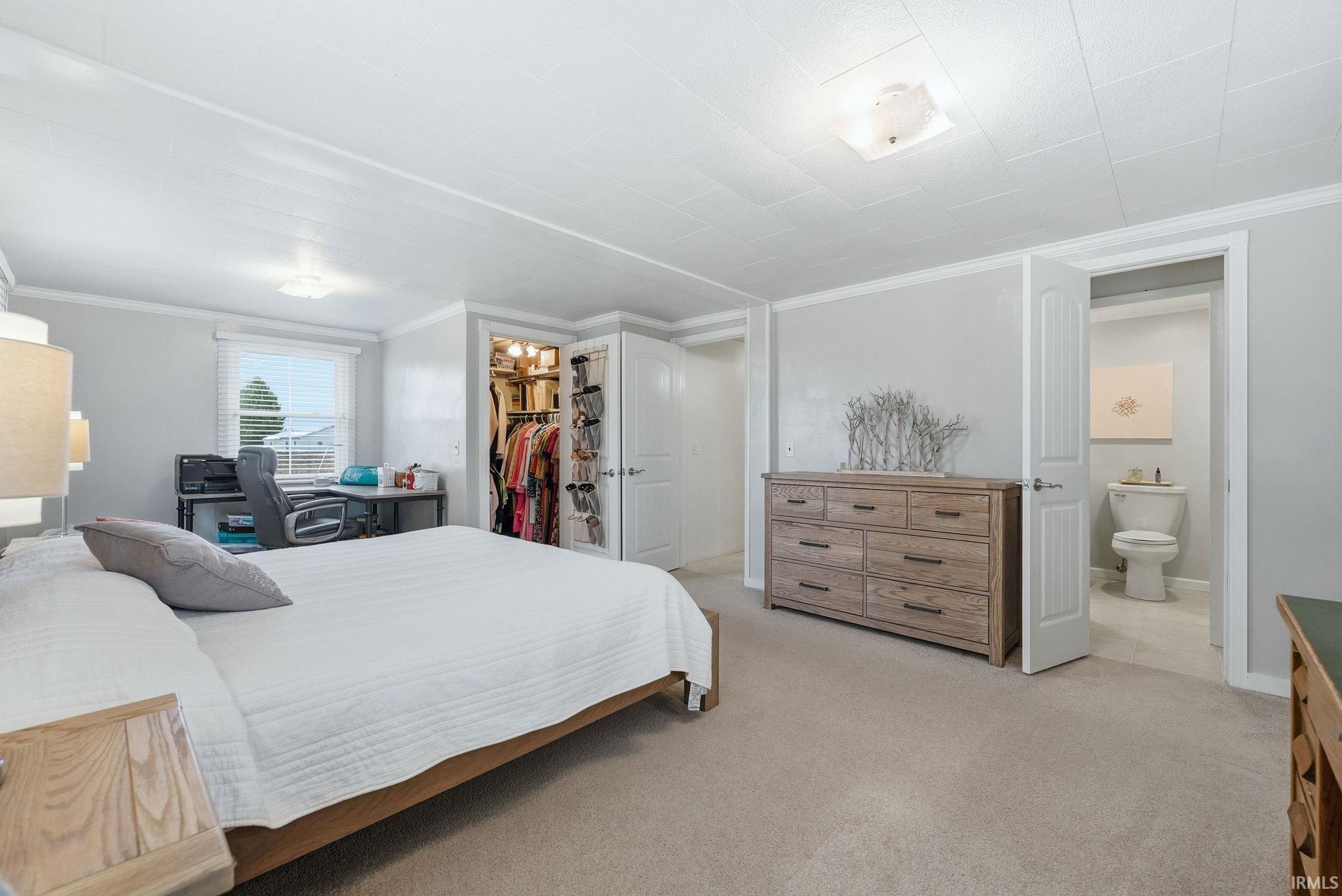 Bedroom featuring a spacious closet, crown molding, and light carpet