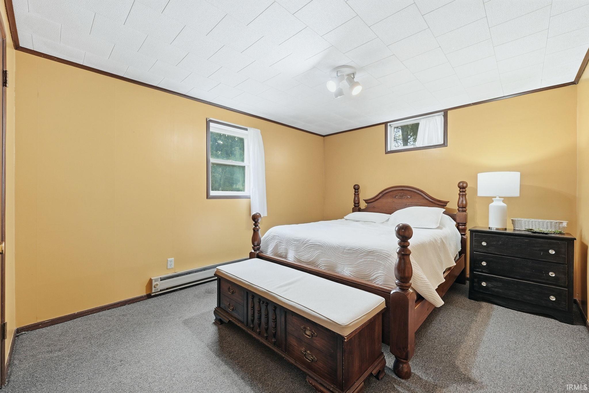 Carpeted bedroom featuring multiple windows, ornamental molding, and baseboard heating