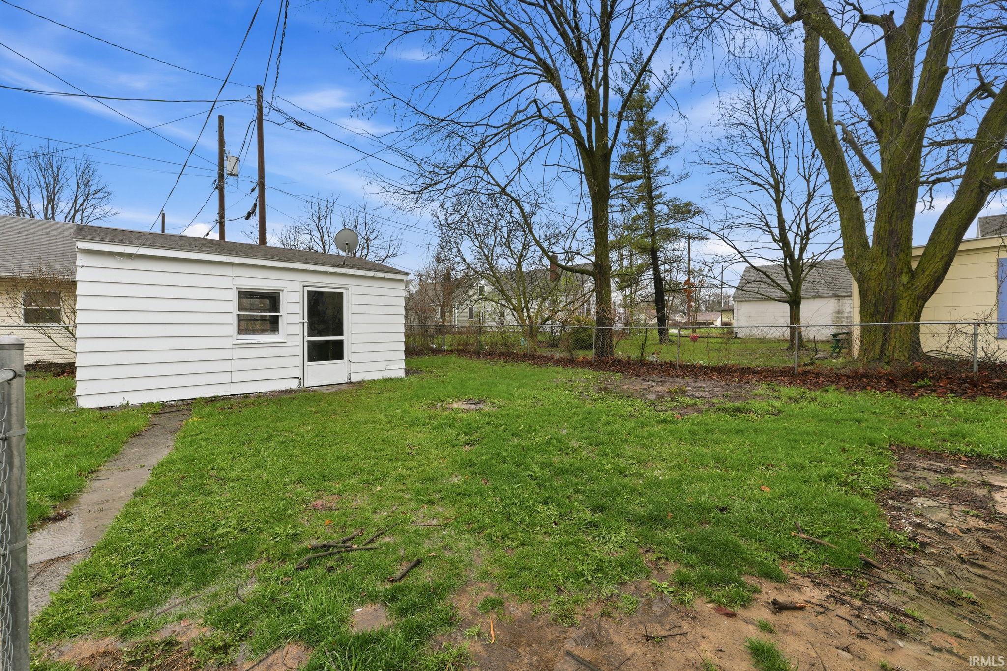 Fenced backyard with an outbuilding