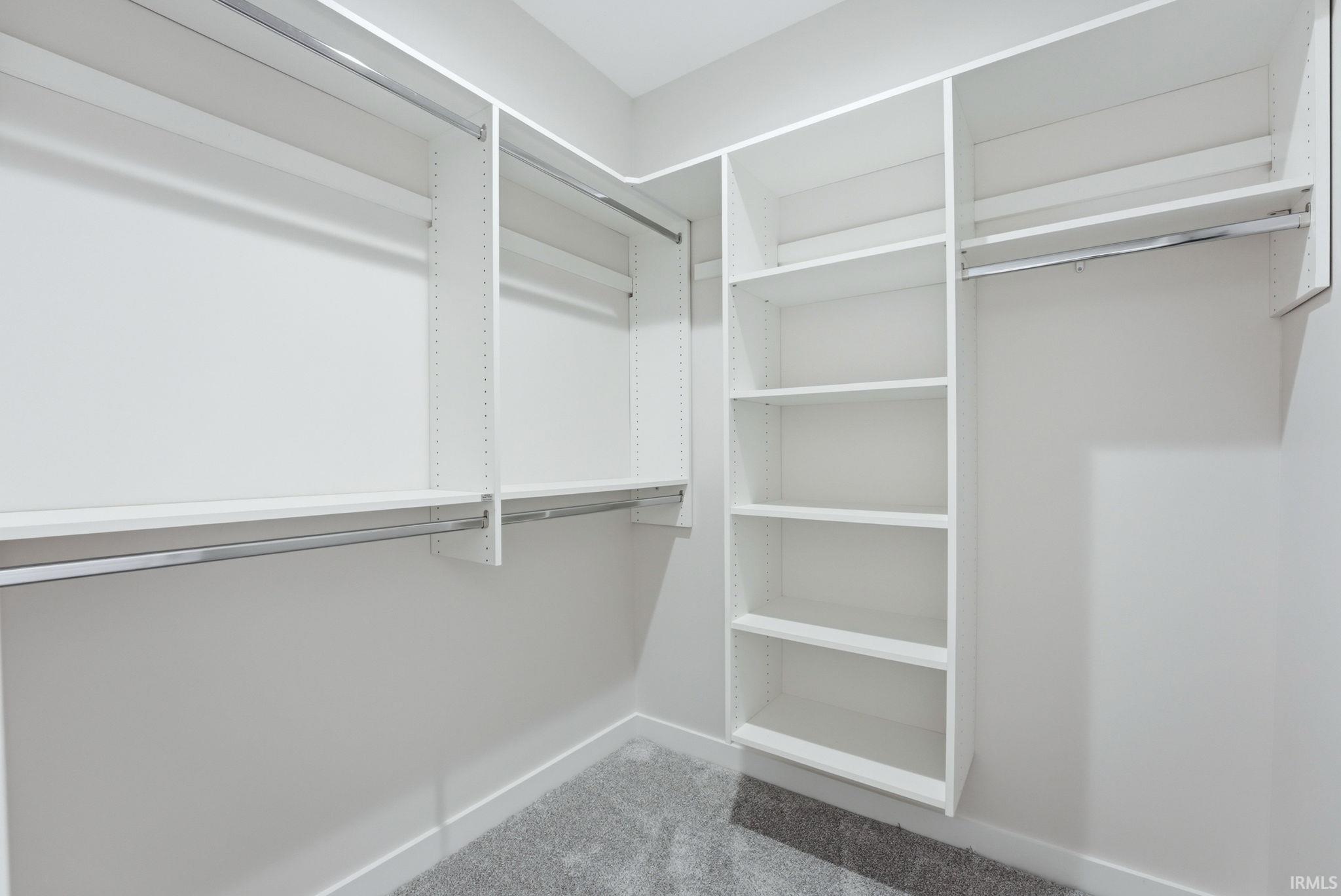 Walk in closet featuring light colored carpet