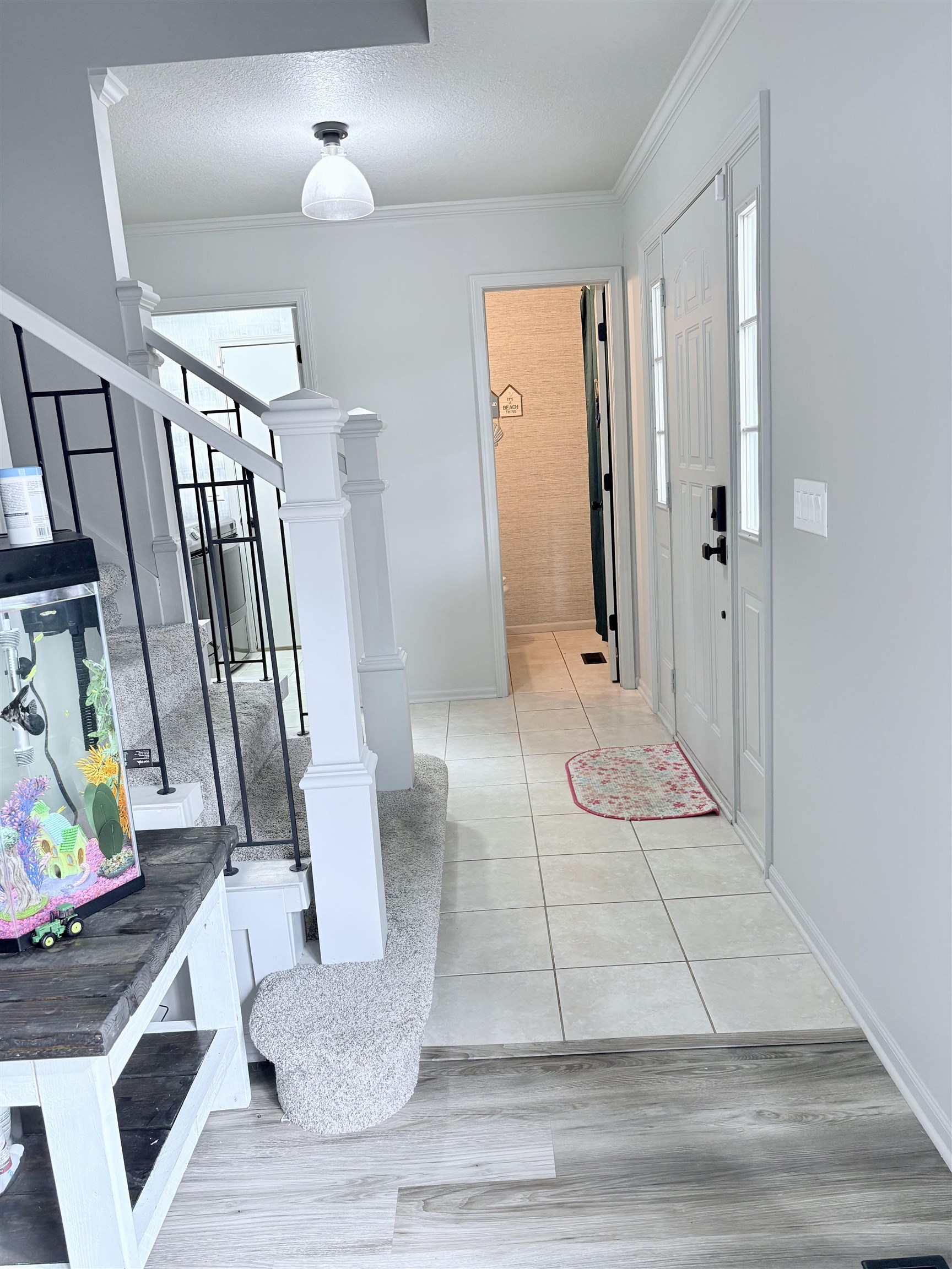 Foyer entrance with plenty of natural light, light wood-style floors, ornamental molding, and a textured ceiling