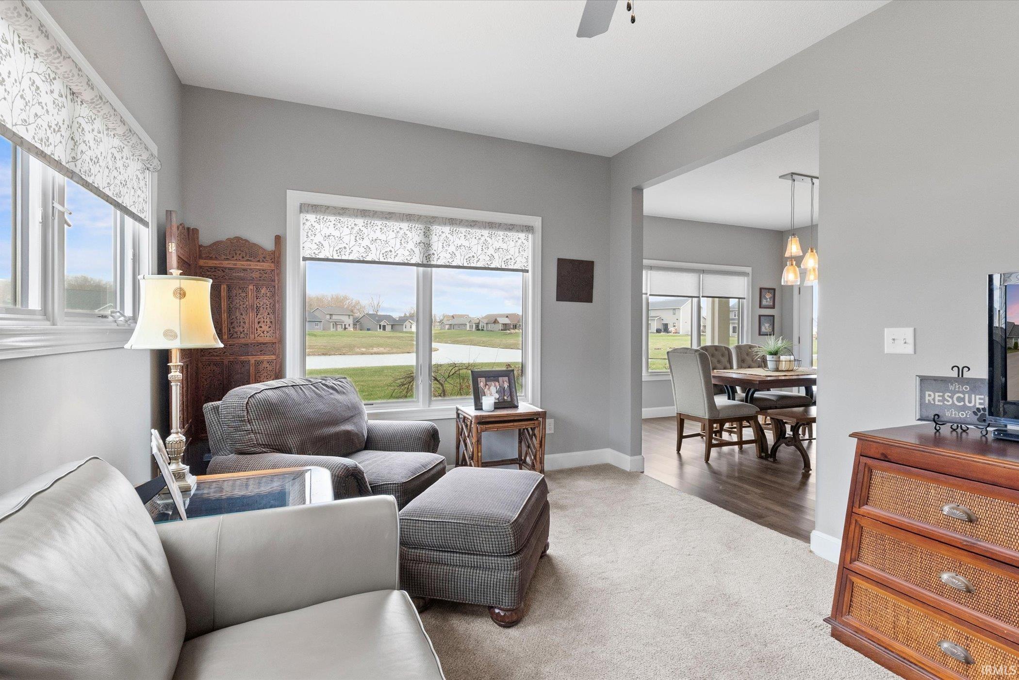 Carpeted living area with a ceiling fan and a residential view
