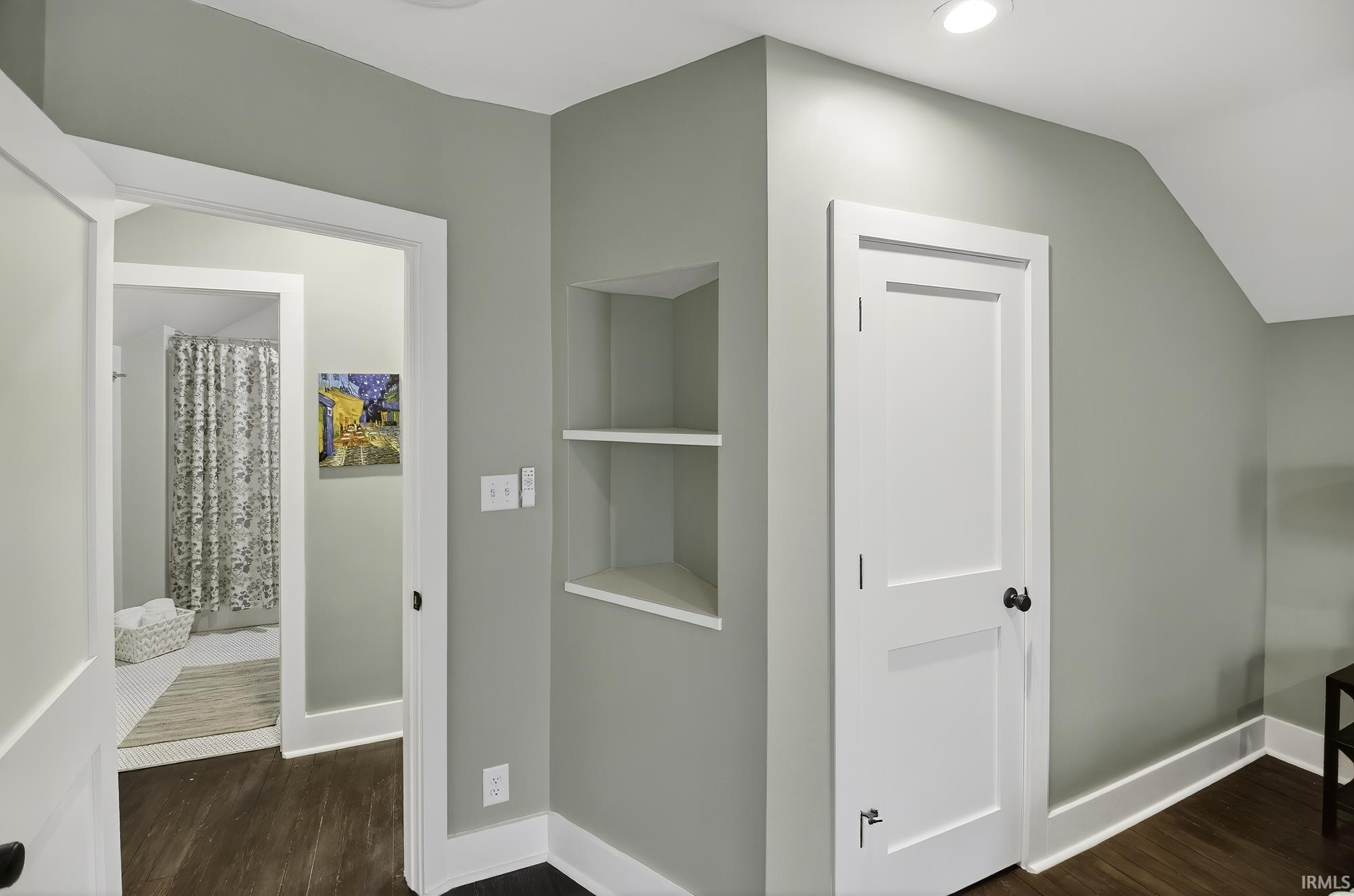 Corridor featuring dark wood-style floors and built in shelves