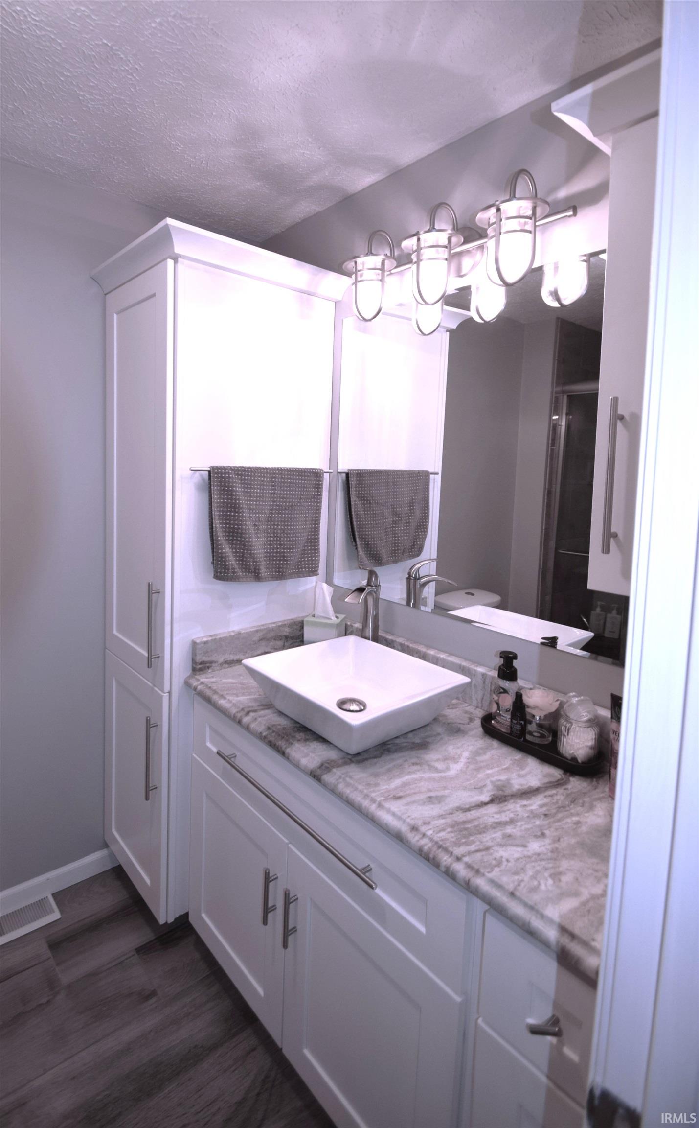 Bathroom with vanity, dark wood-style flooring, and a textured ceiling