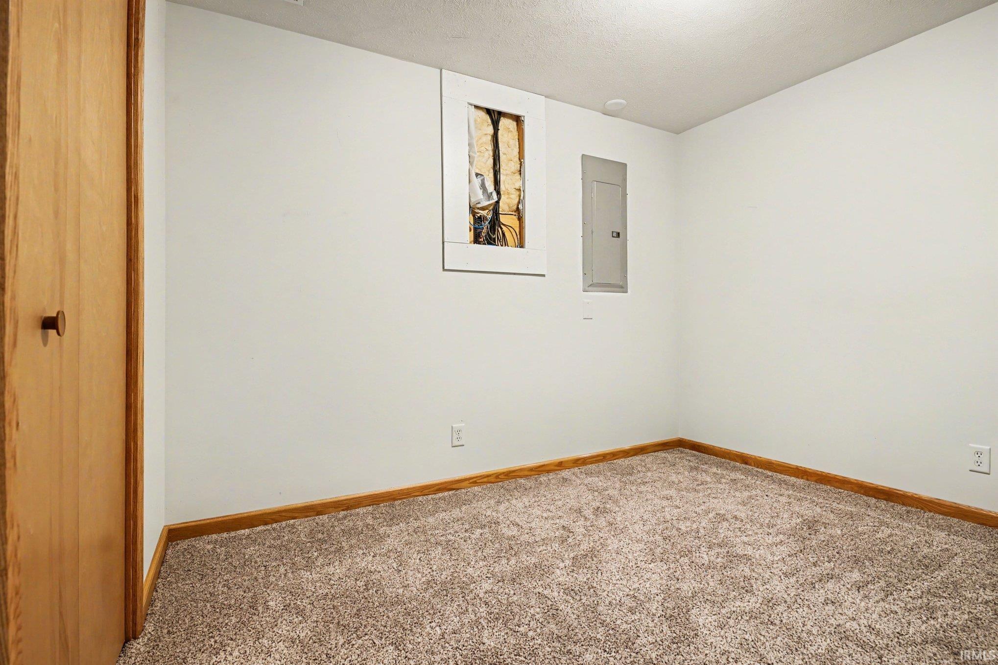 Unfurnished room featuring electric panel and light carpet