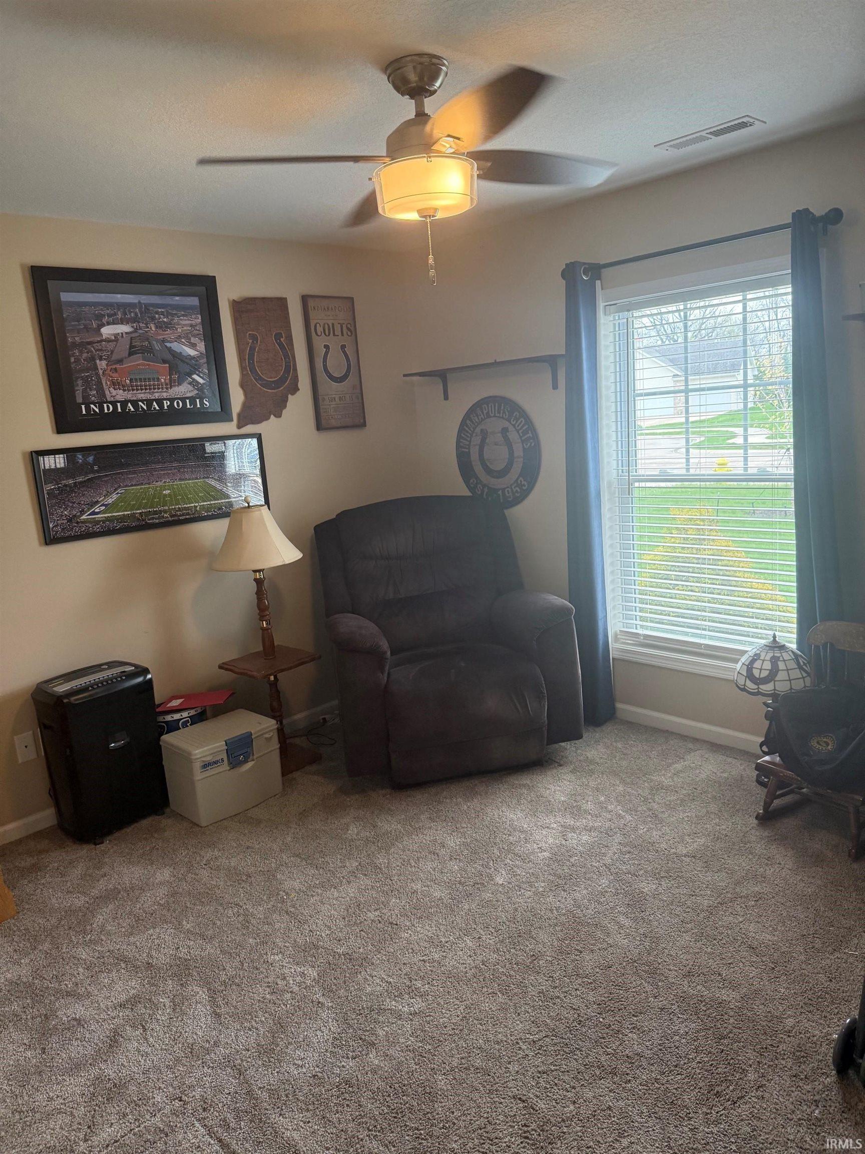 Sitting room featuring carpet floors and a ceiling fan