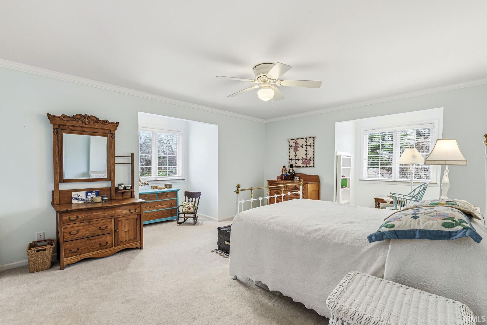 Bedroom featuring light colored carpet, multiple windows, ornamental molding, and a ceiling fan