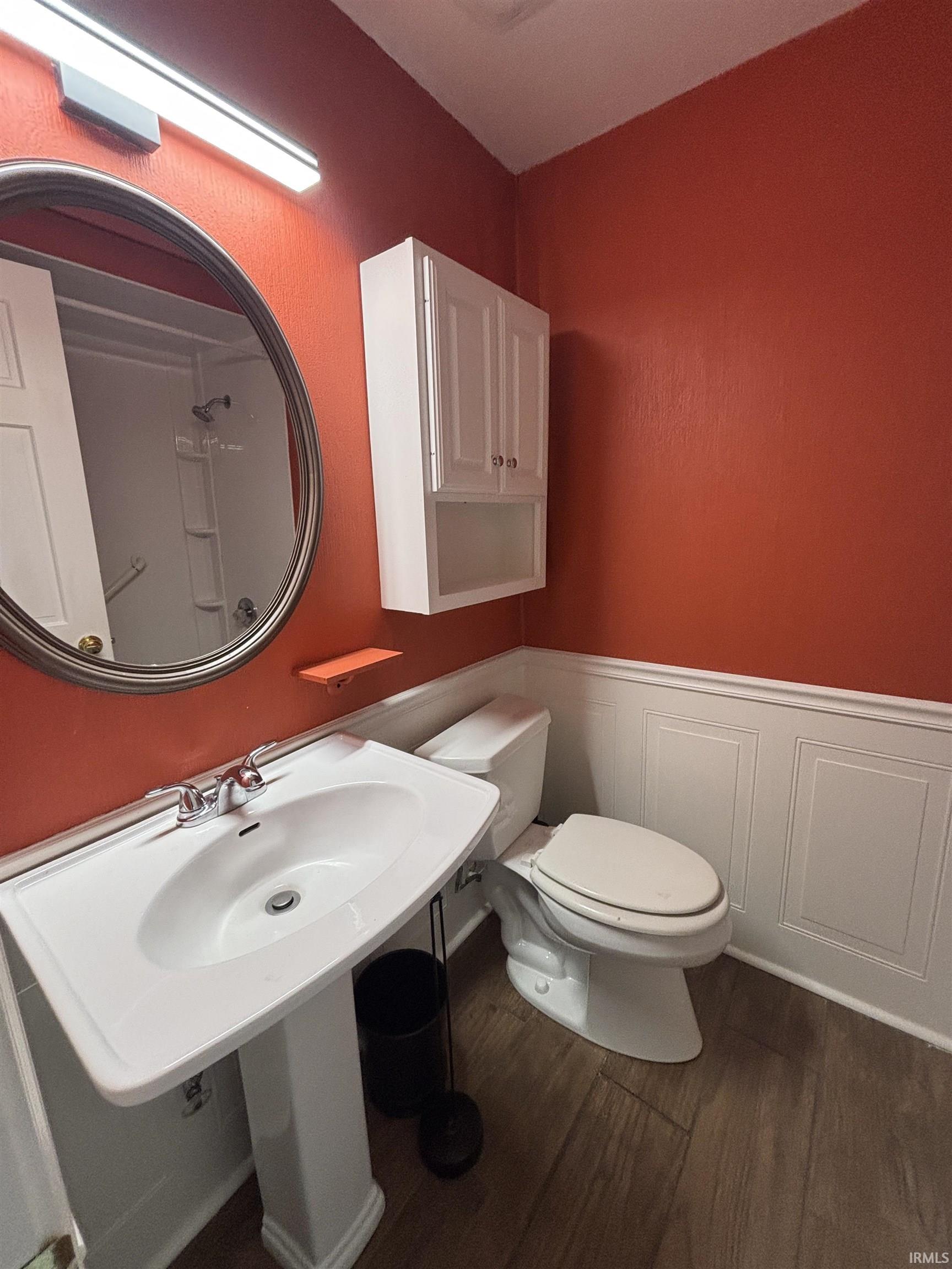 Bathroom featuring dark wood-style floors, a wainscoted wall, and a decorative wall