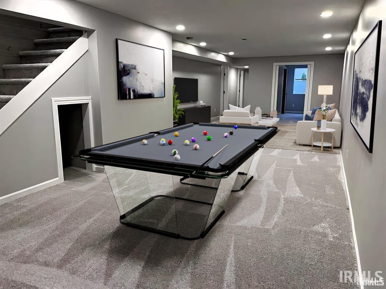 Recreation room with light colored carpet, billiards, and recessed lighting