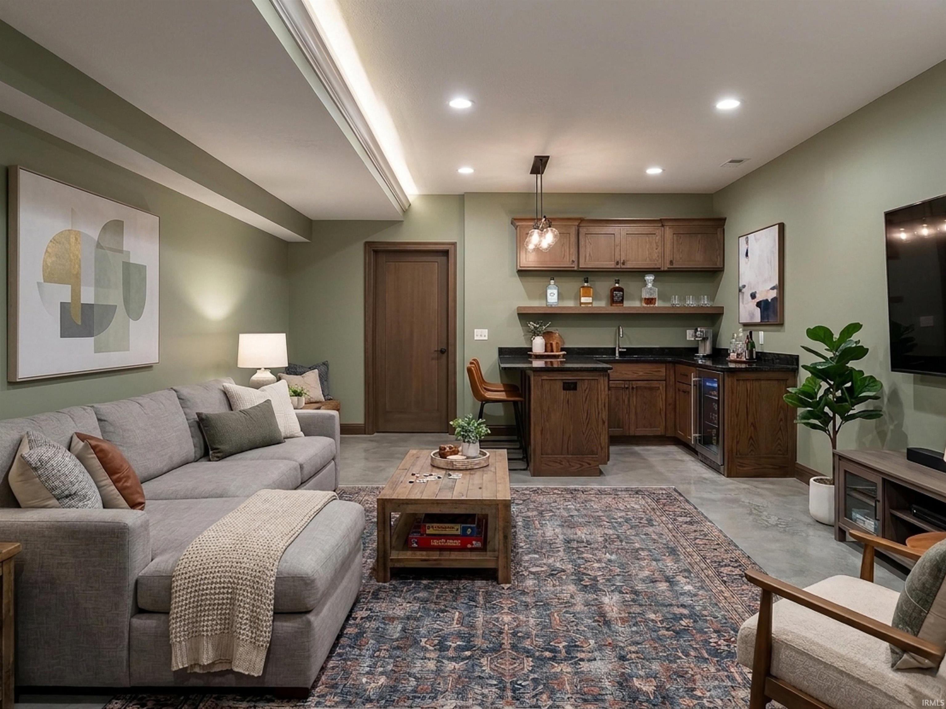 AI rendering of potential basement living area with wet bar