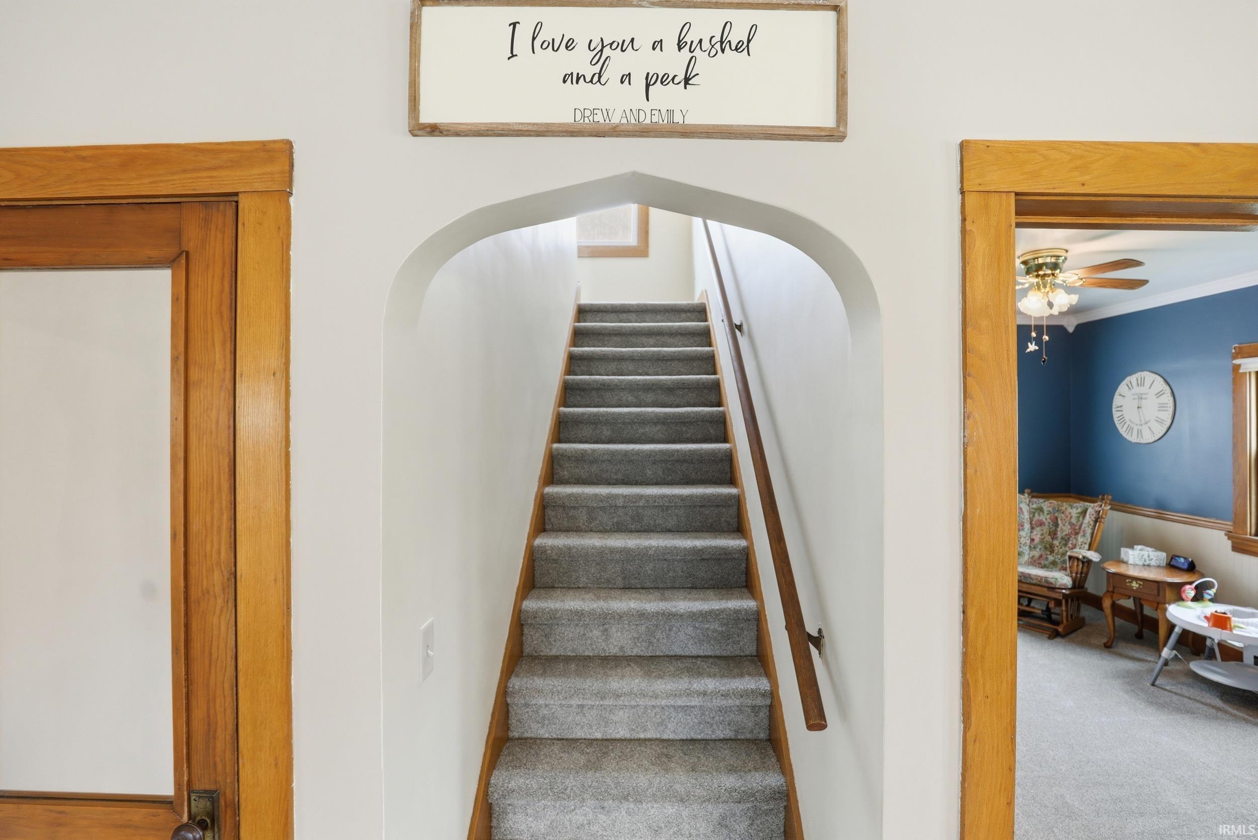 Staircase featuring crown molding, a ceiling fan, carpet floors, and arched walkways
