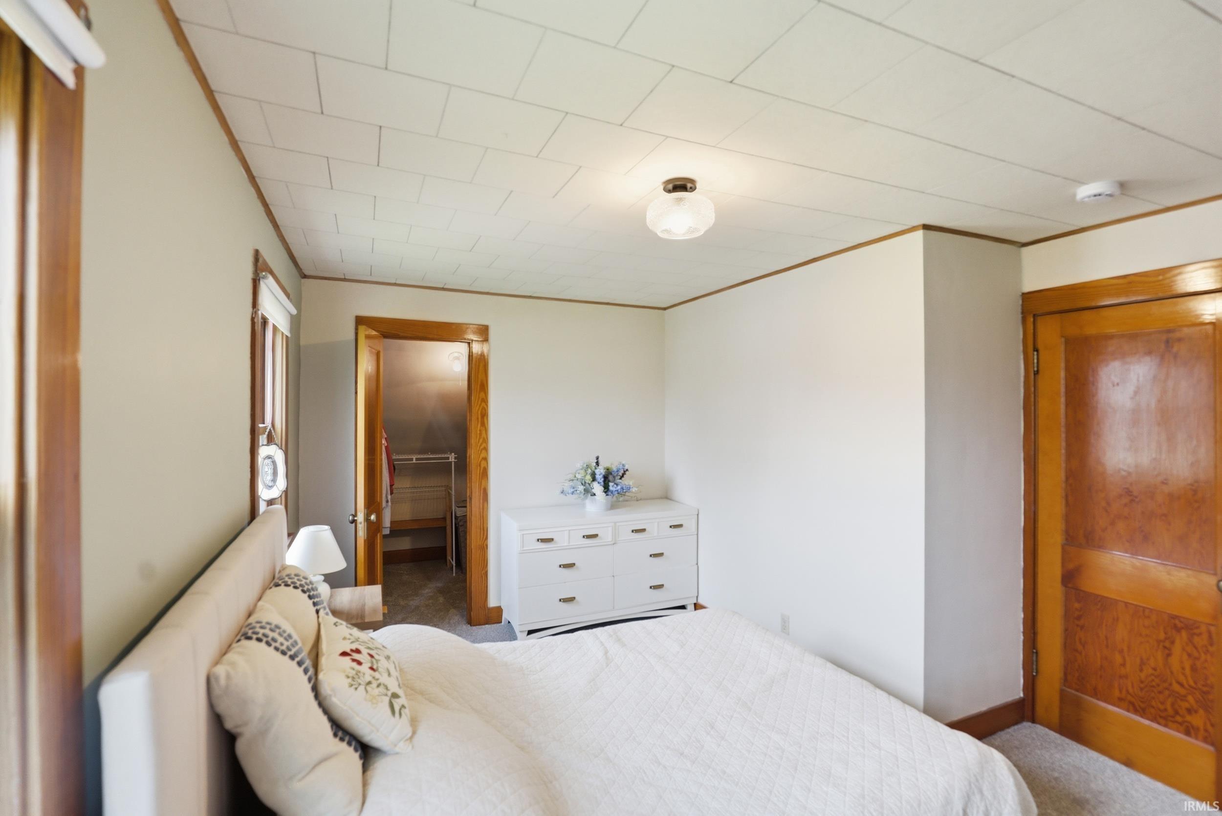 Carpeted bedroom featuring a spacious closet and ornamental molding