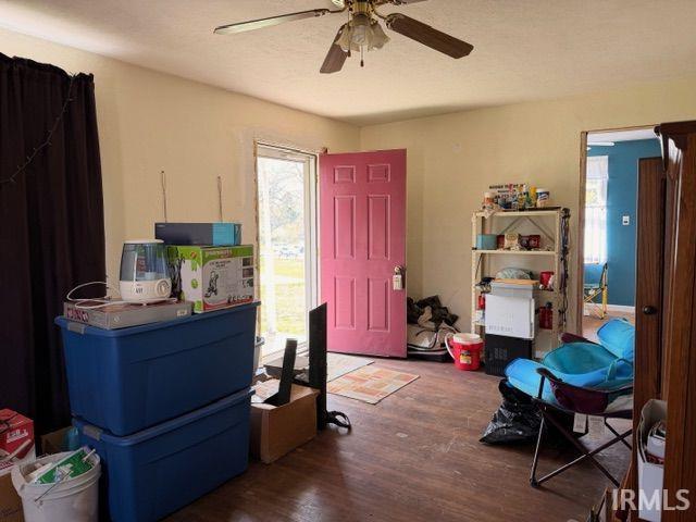 Foyer entrance featuring dark wood finished floors and ceiling fan