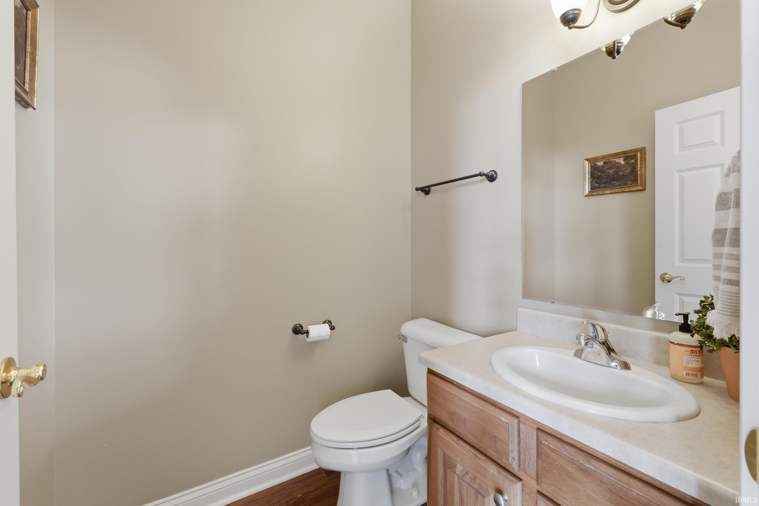 Bathroom featuring vanity and dark wood-type flooring