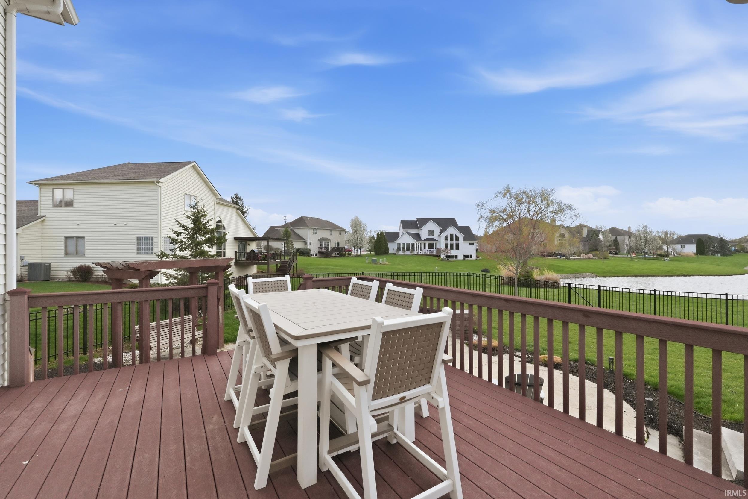 Deck featuring outdoor dining space, a residential view, and a fenced backyard