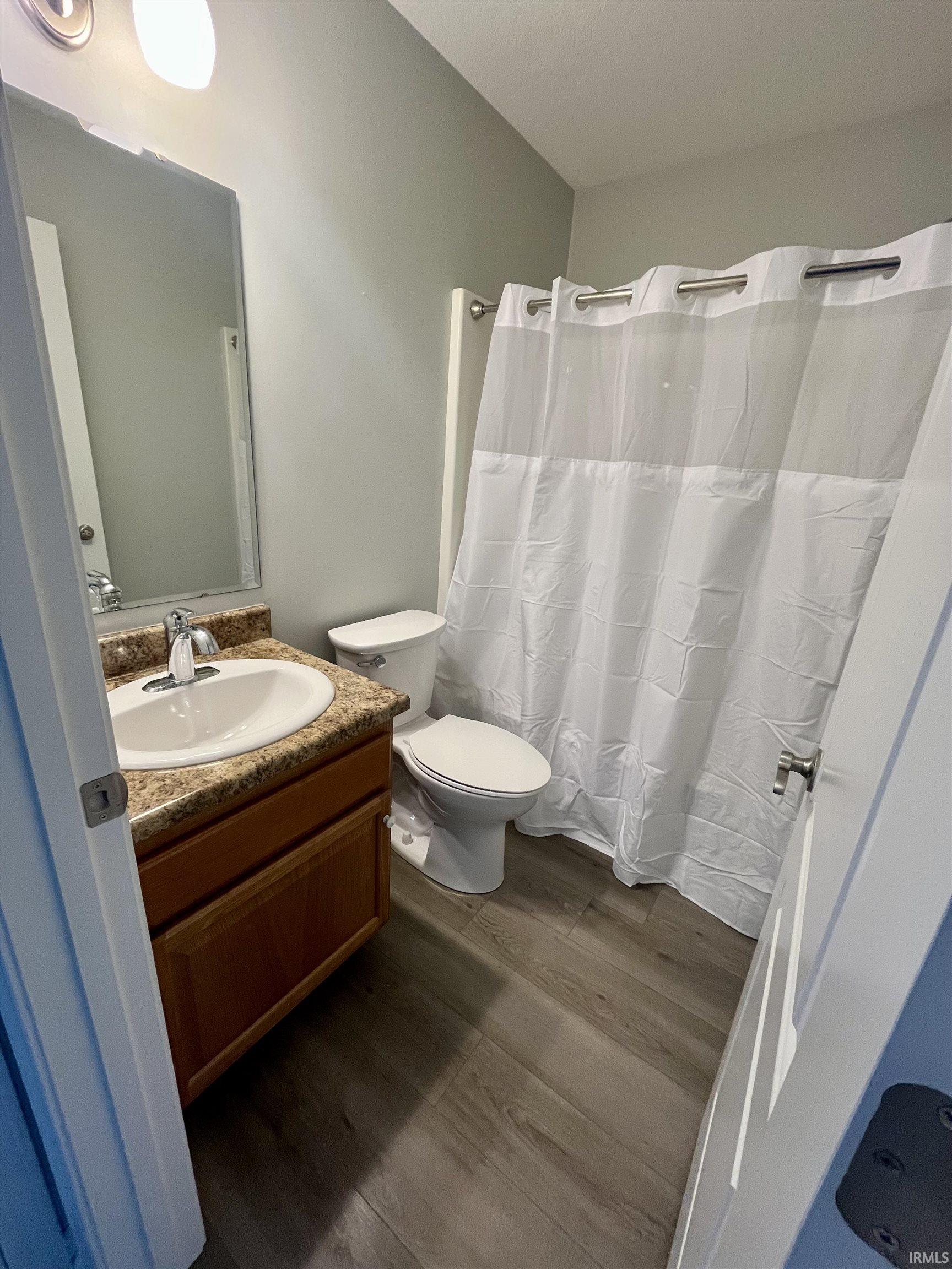 Full bathroom featuring vanity, dark wood-style floors, and curtained shower