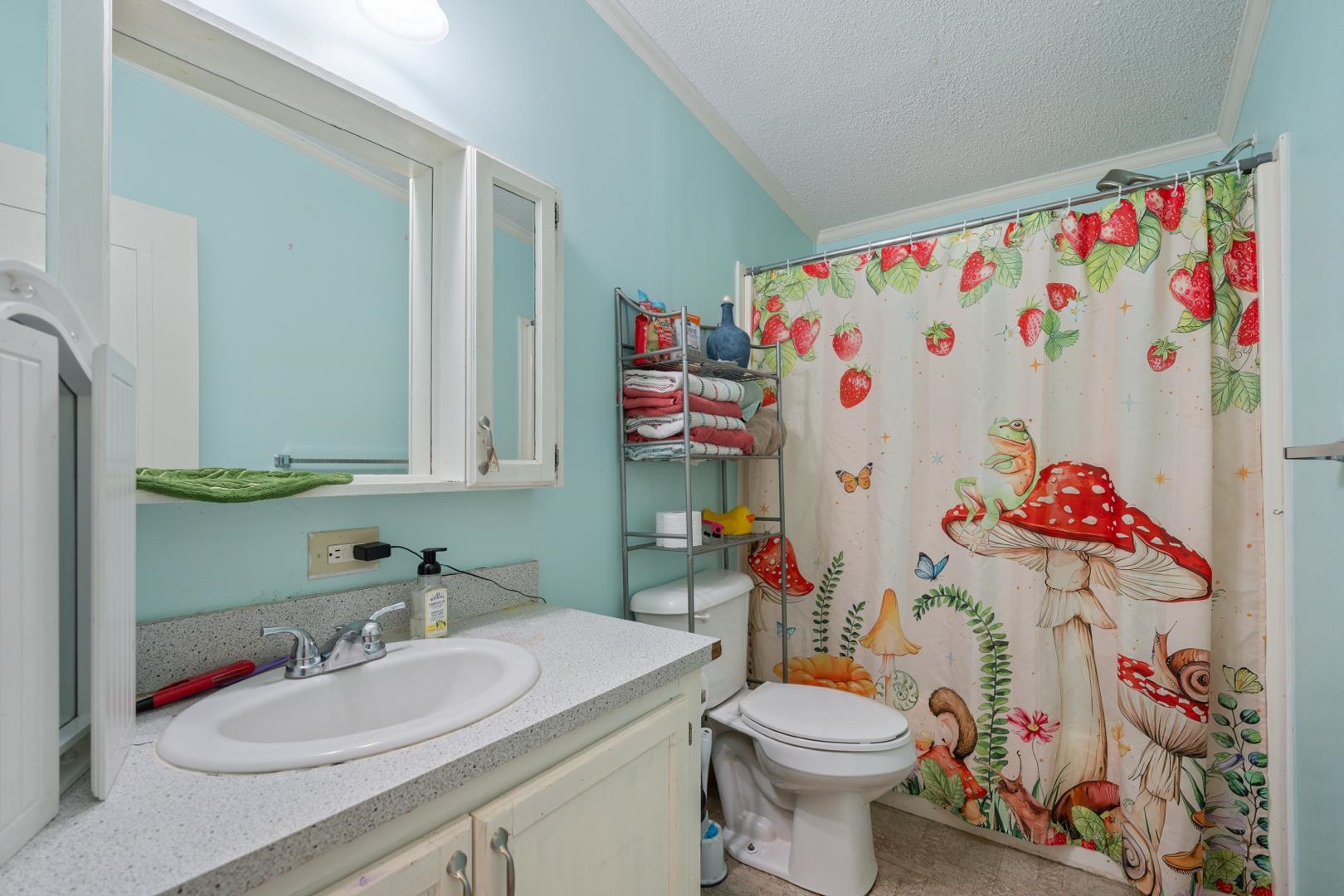 Full bathroom with vanity, a shower with shower curtain, a textured ceiling, and ornamental molding