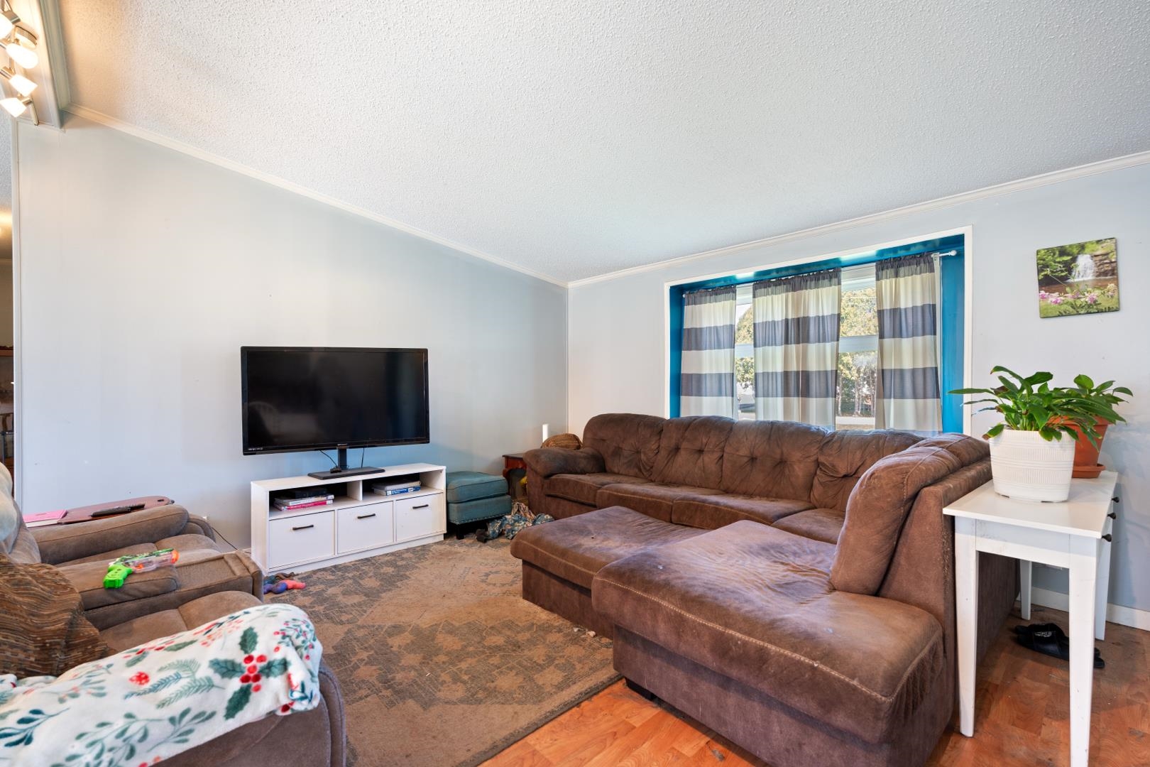 Living room featuring ornamental molding and wood finished floors
