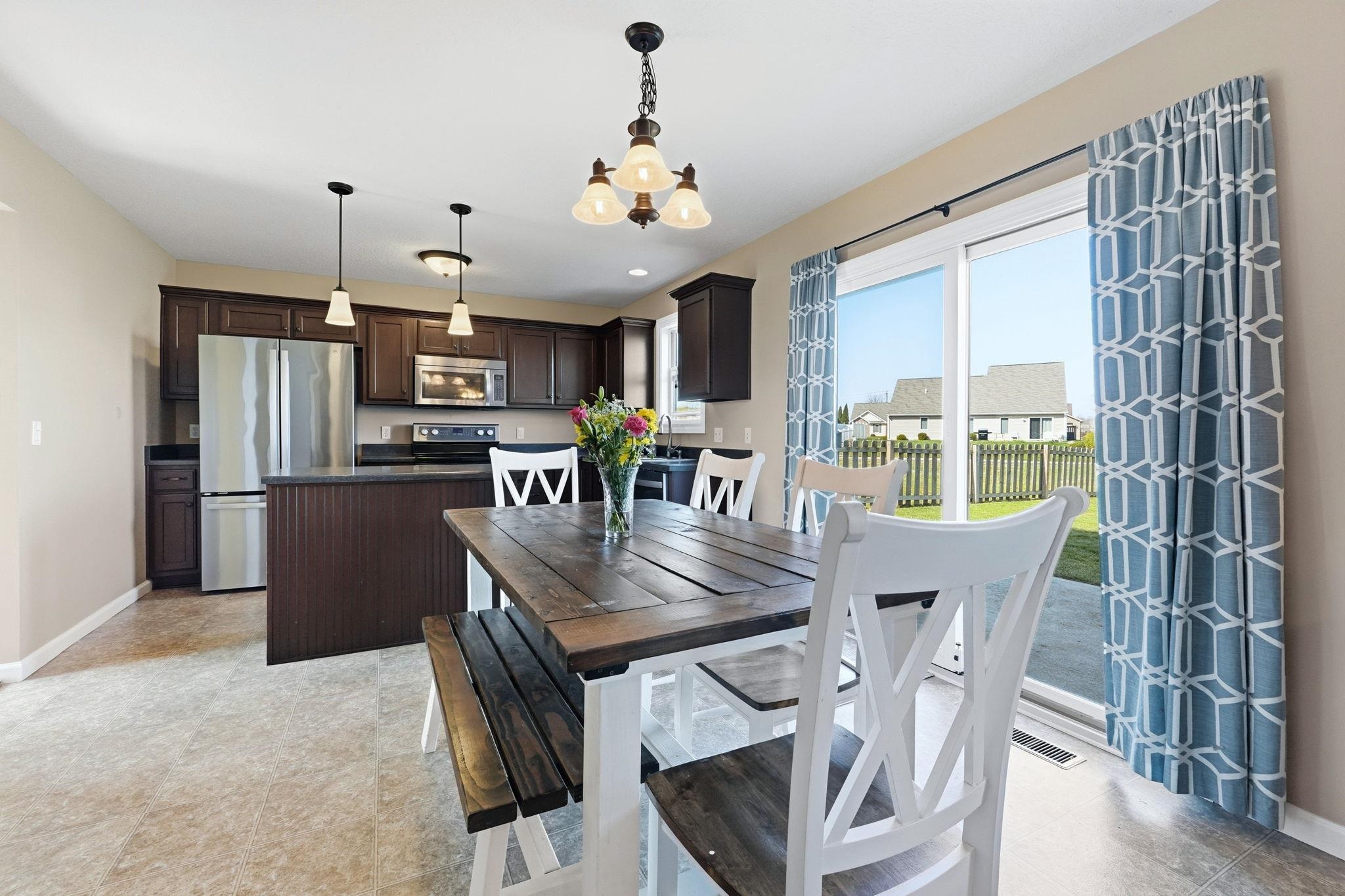 Dining area with healthy amount of natural light and a chandelier