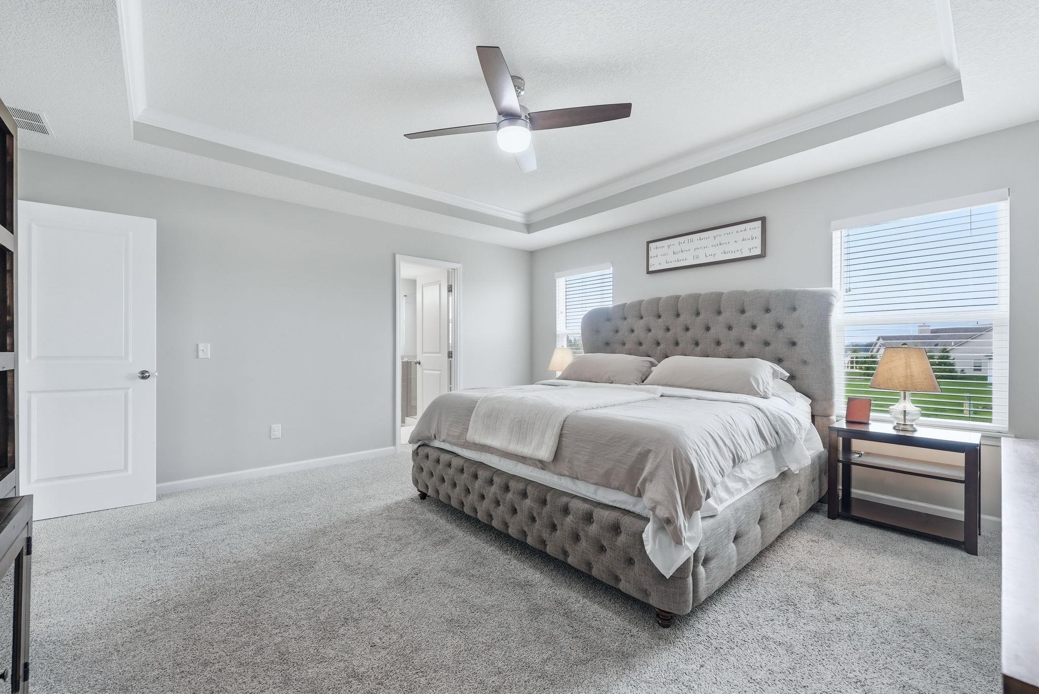 Bedroom with a raised ceiling, light carpet, multiple windows, and ceiling fan