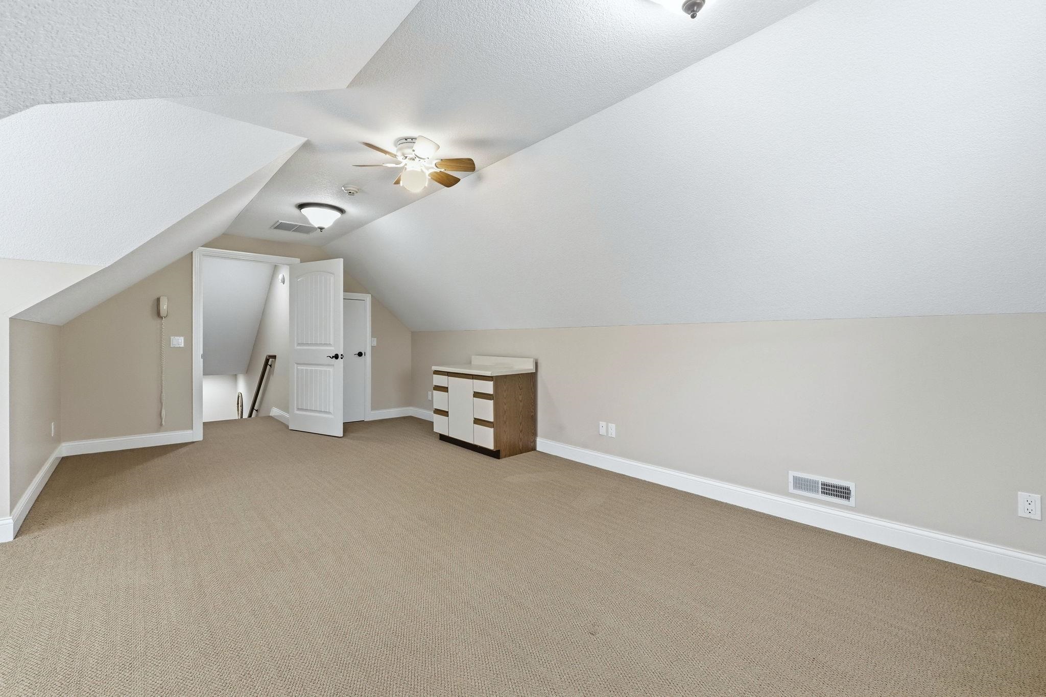 Additional living space featuring carpet and ceiling fan