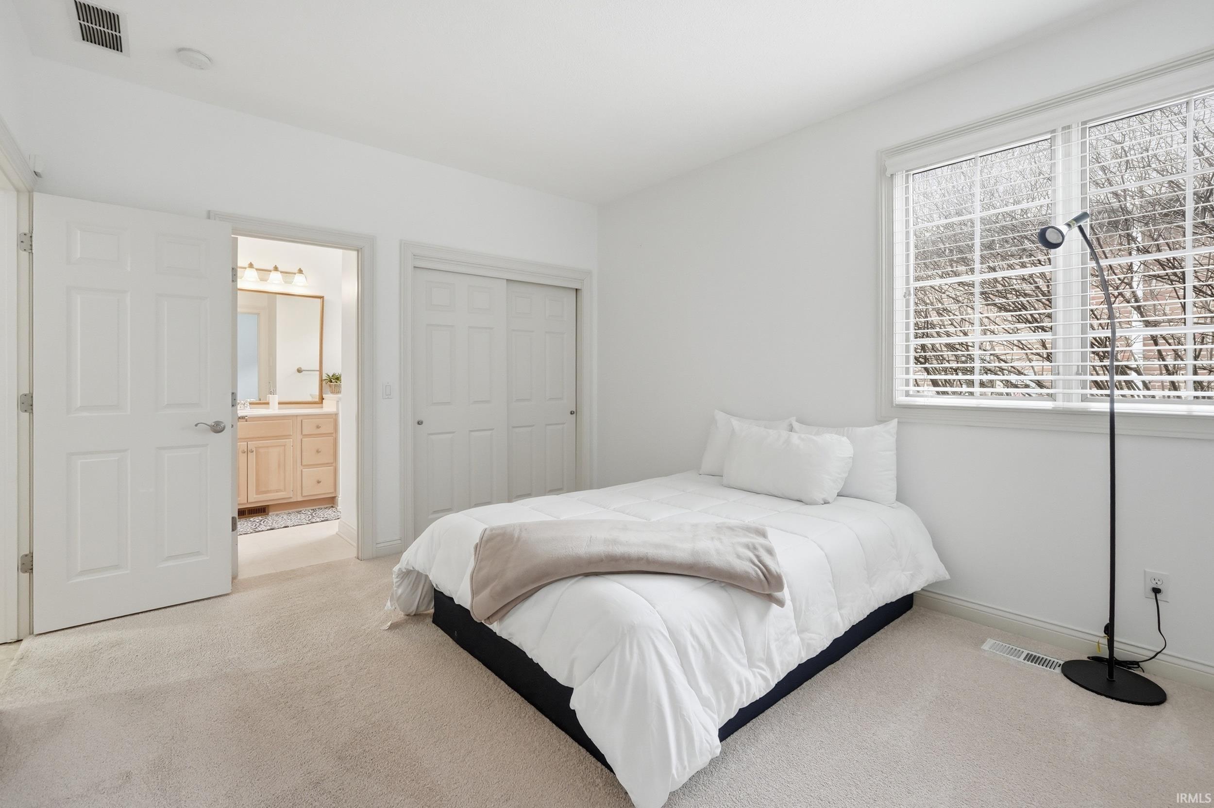 Carpeted bedroom with a closet and ensuite bathroom