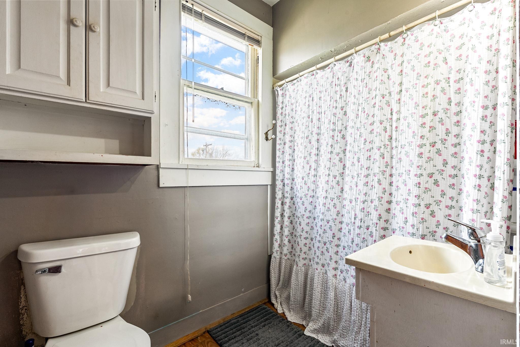 Bathroom with a shower with curtain and vanity