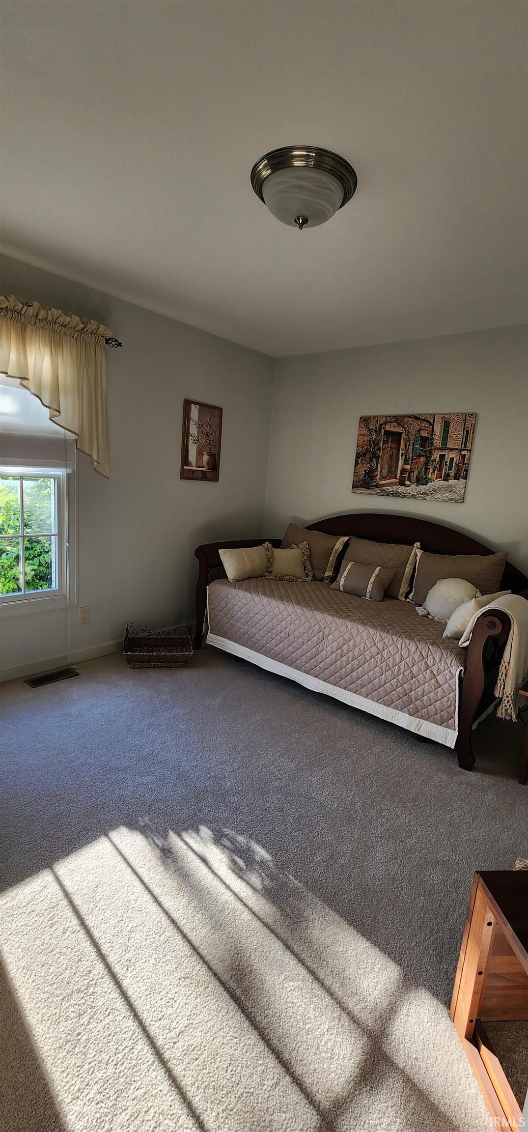 Carpeted room with a ceiling-mounted light fixture and a window offering exterior views