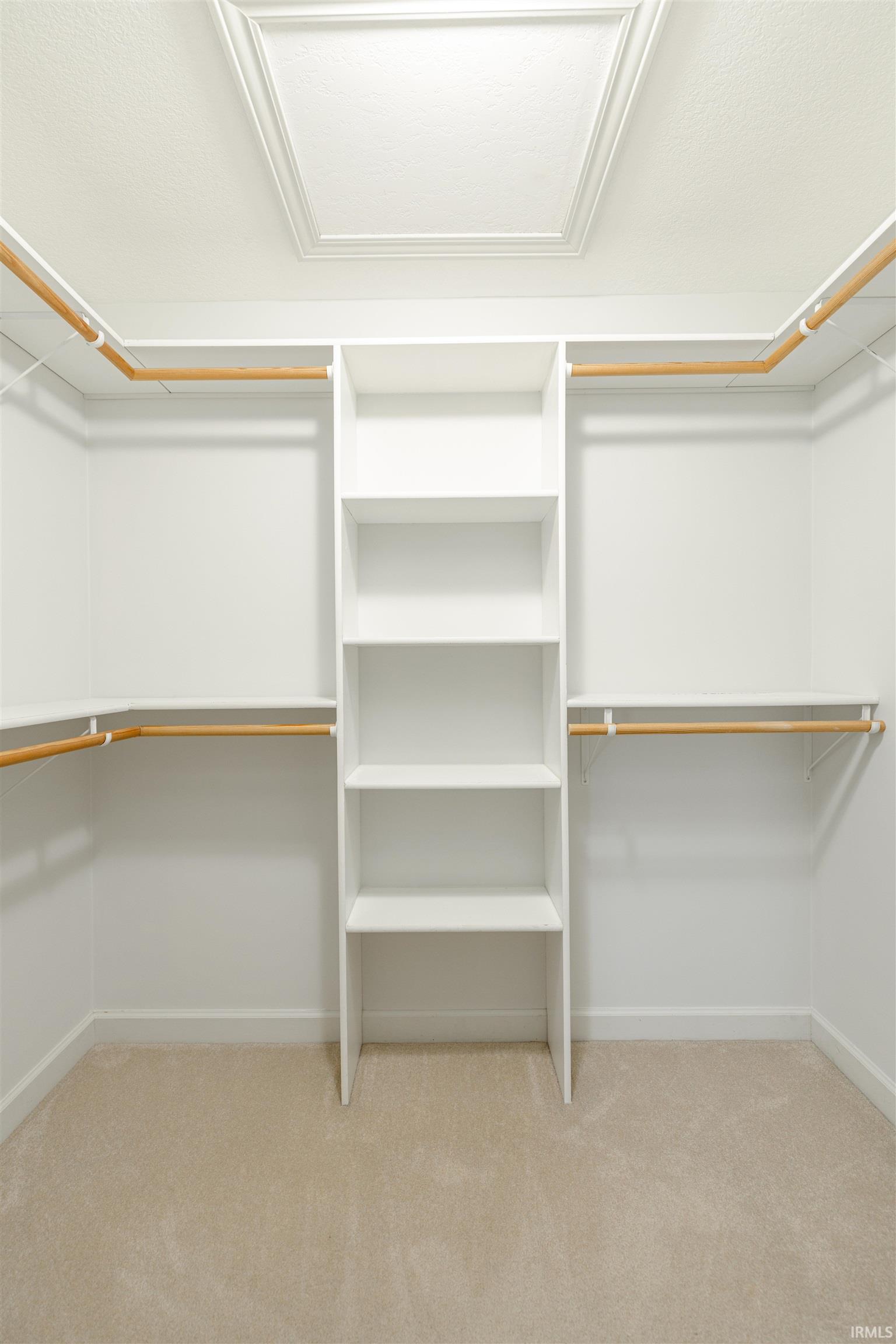 Walk in closet featuring light colored carpet