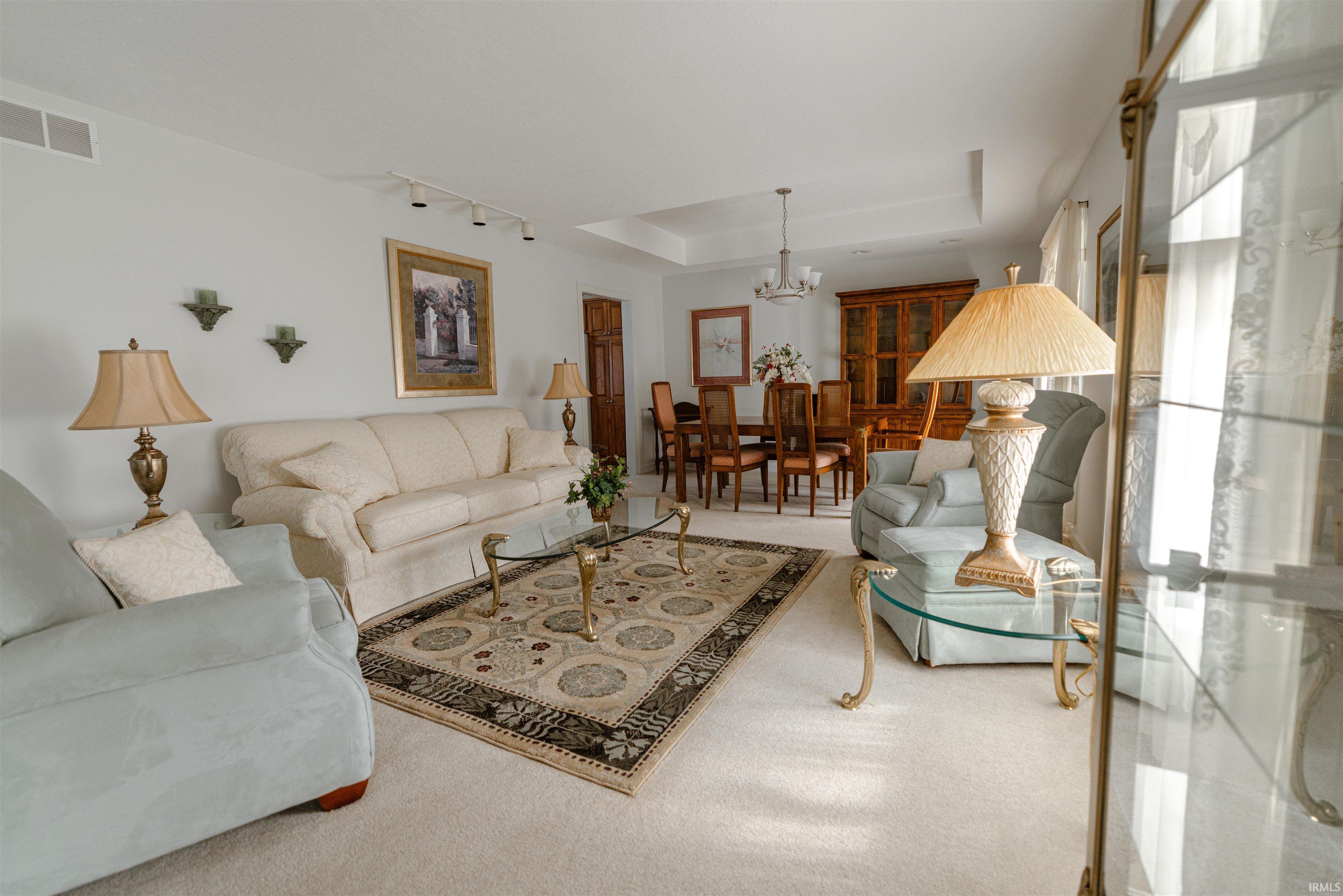 Carpeted living area with a raised ceiling and hanging lights