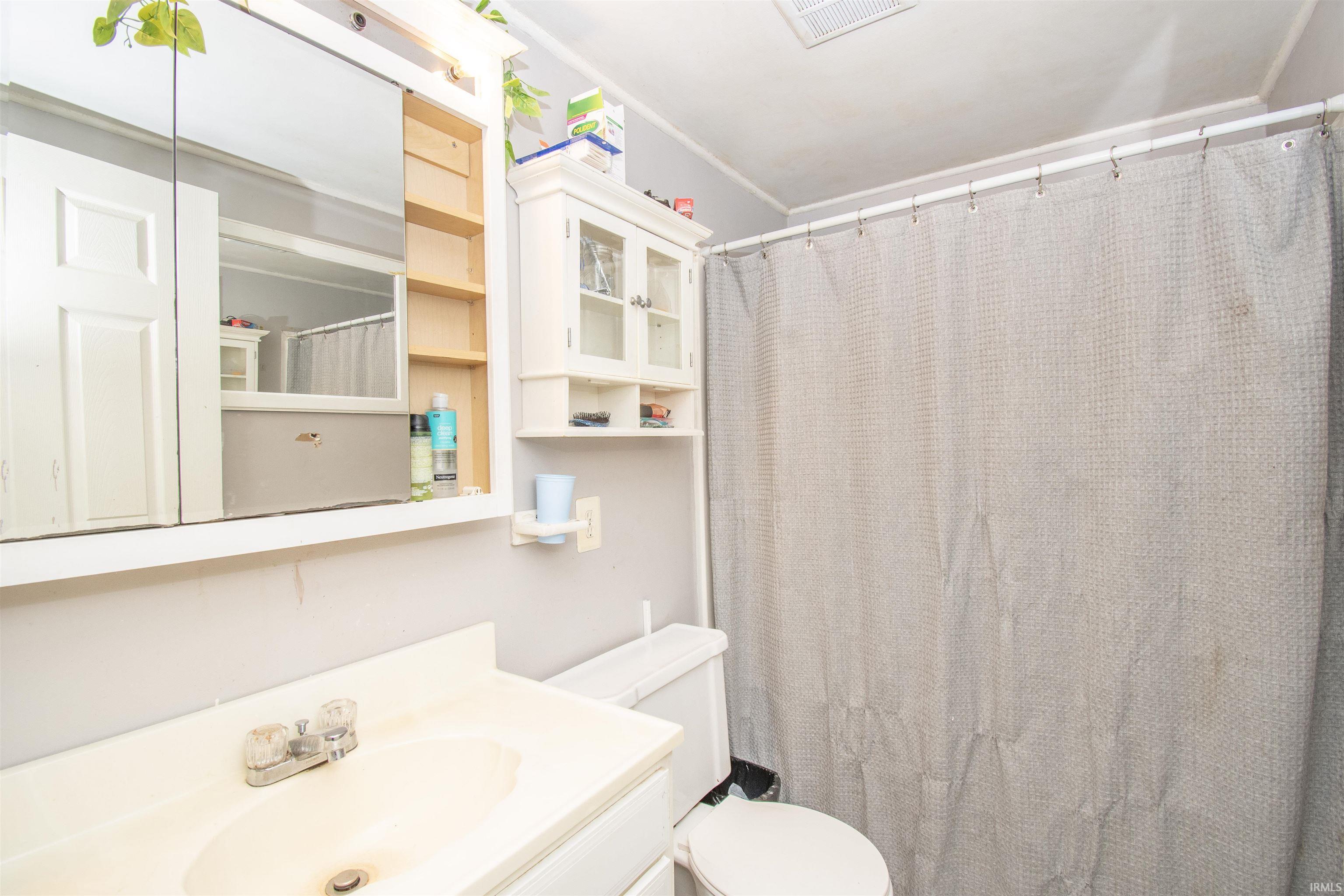 Full bathroom with vanity and a shower with curtain