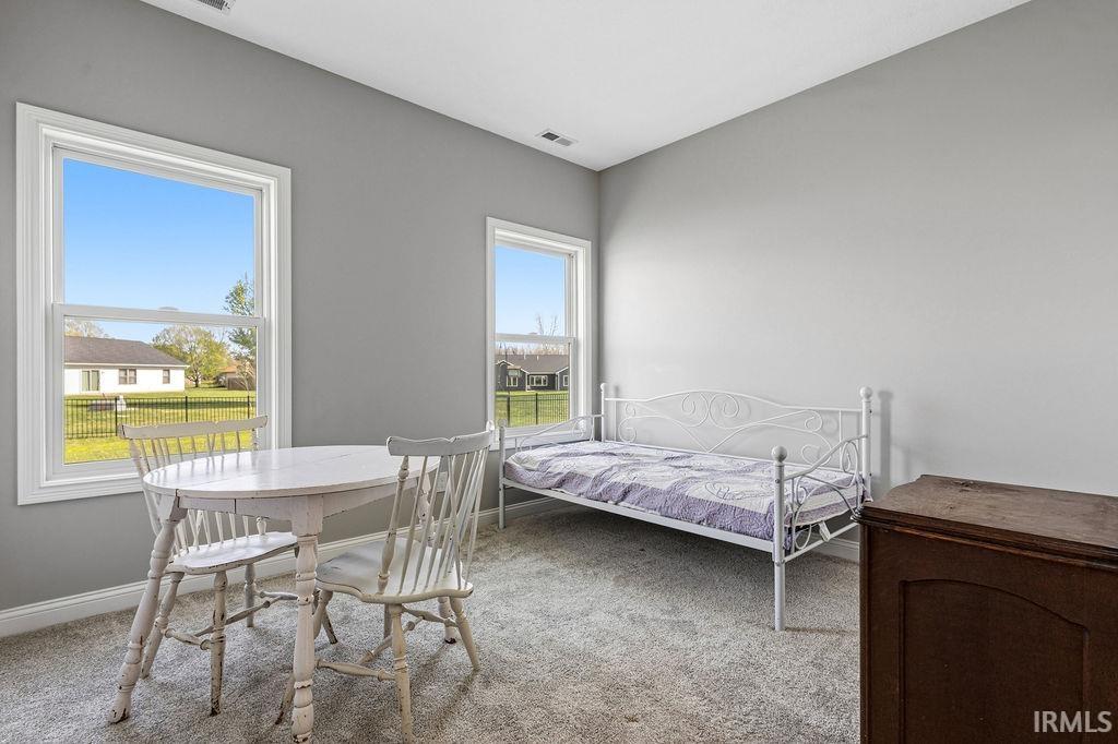 Carpeted room with light gray walls, featuring two large windows with white trim