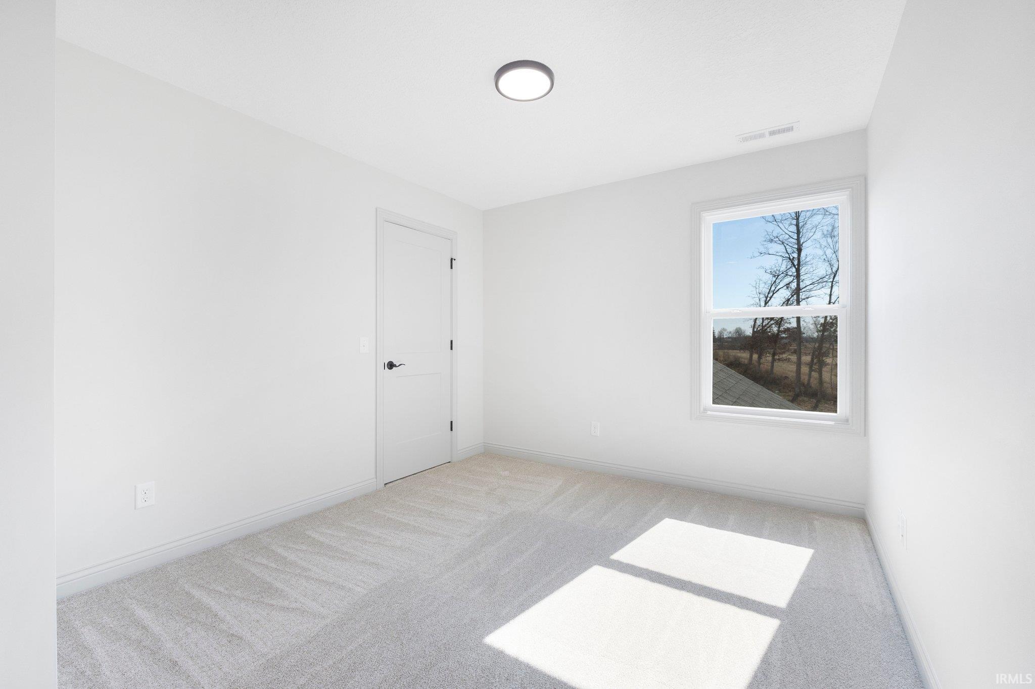 Room featuring neutral-toned carpeting, white walls, and a modern ceiling light fixture