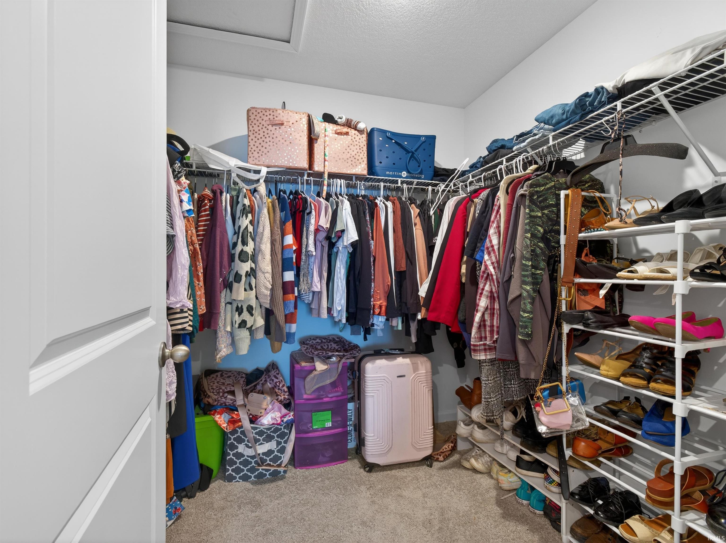 Walk in closet featuring light carpet and attic access