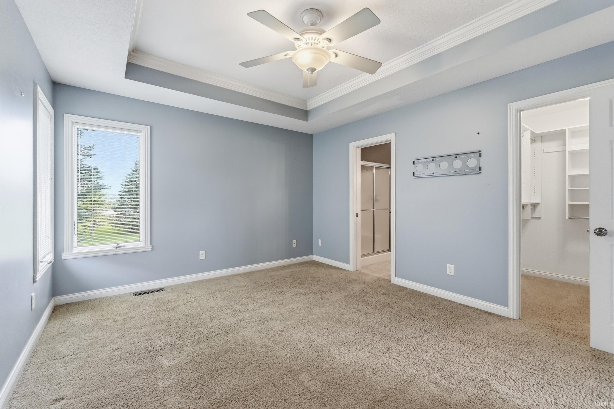 Unfurnished bedroom featuring a walk in closet, crown molding, light colored carpet, a tray ceiling, and a ceiling fan