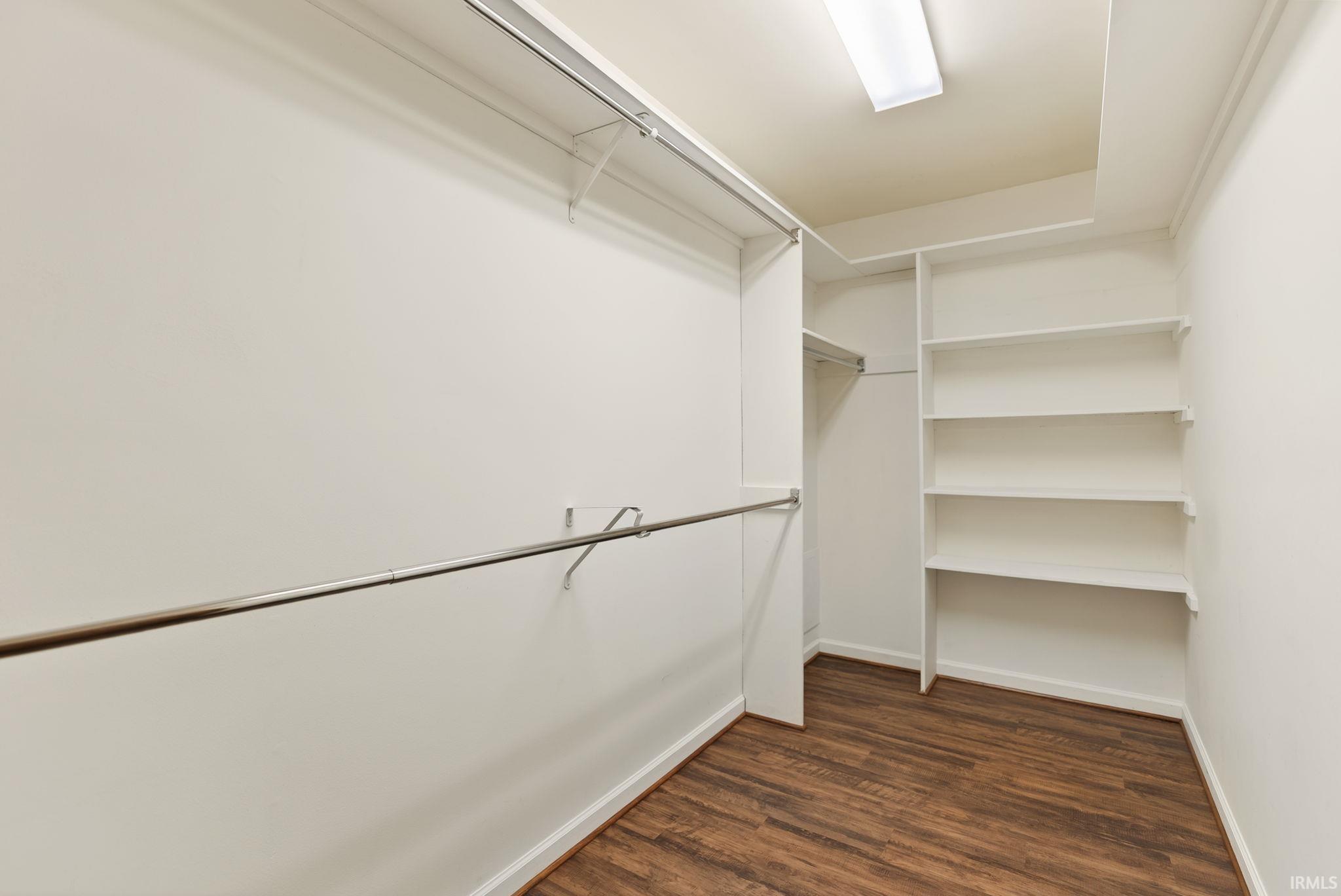 Walk in closet featuring dark wood-type flooring
