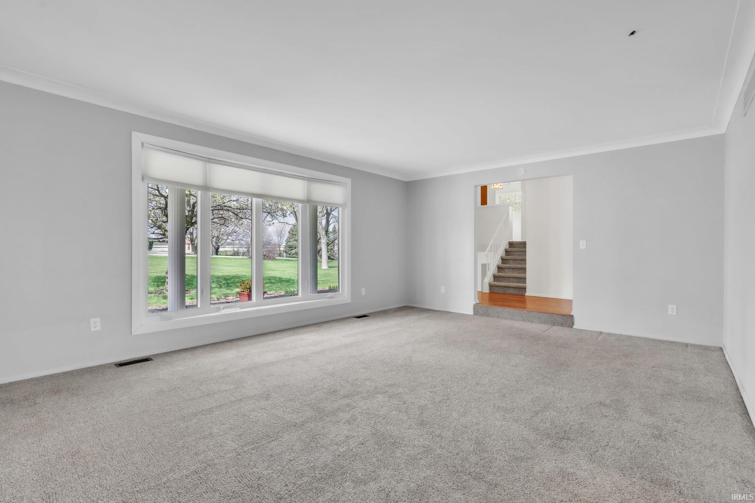 featuring light colored carpet and ornamental molding