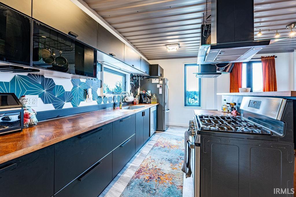 Kitchen featuring dark cabinetry, stainless steel appliances, range hood, light wood-type flooring, and butcher block counters