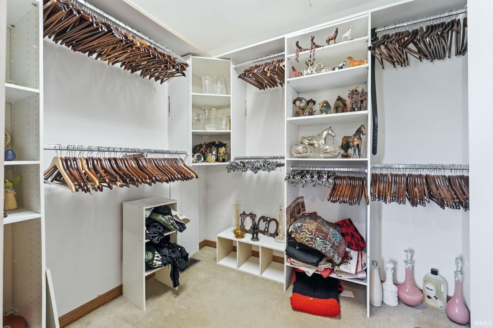 Walk in closet with light colored carpet