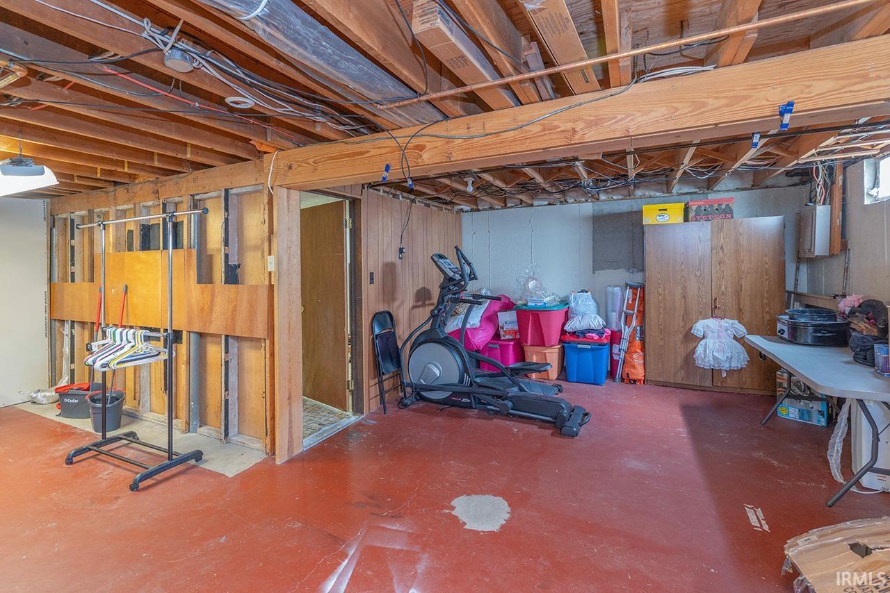 Unfinished basement with wooden walls and electric panel
