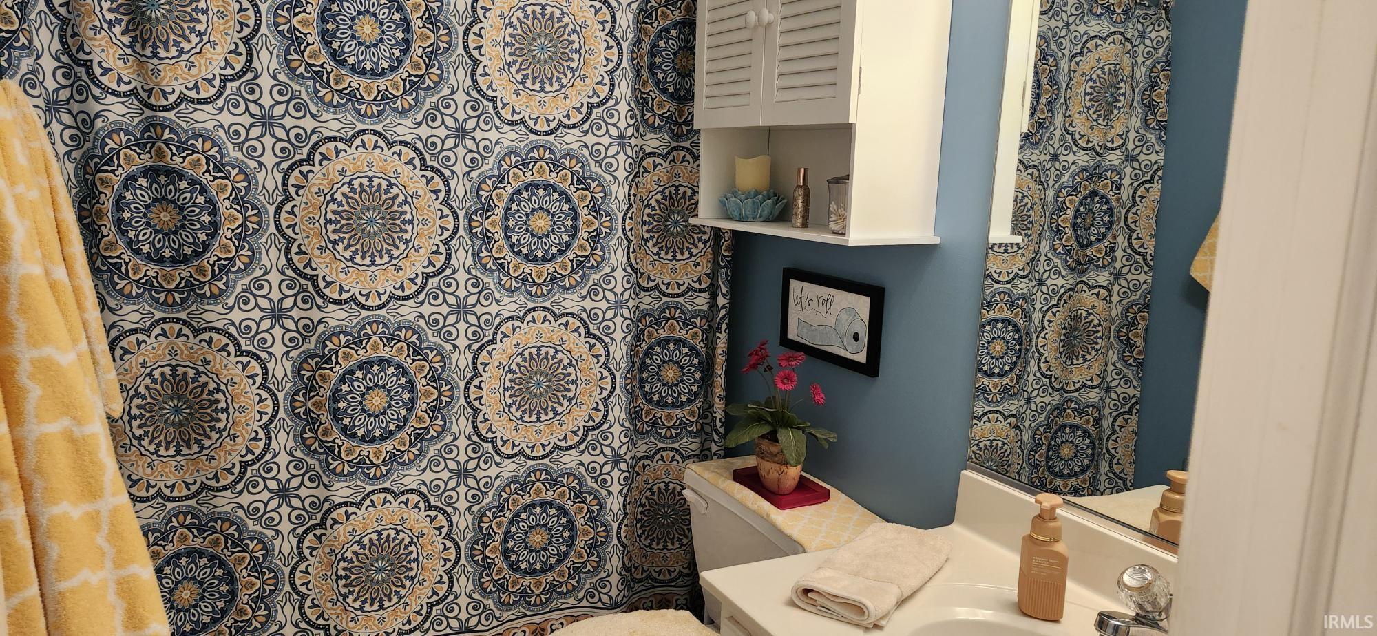 Full bathroom featuring vanity and a shower with shower curtain