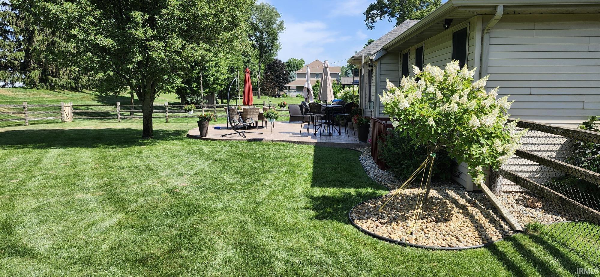 Fenced backyard with a patio