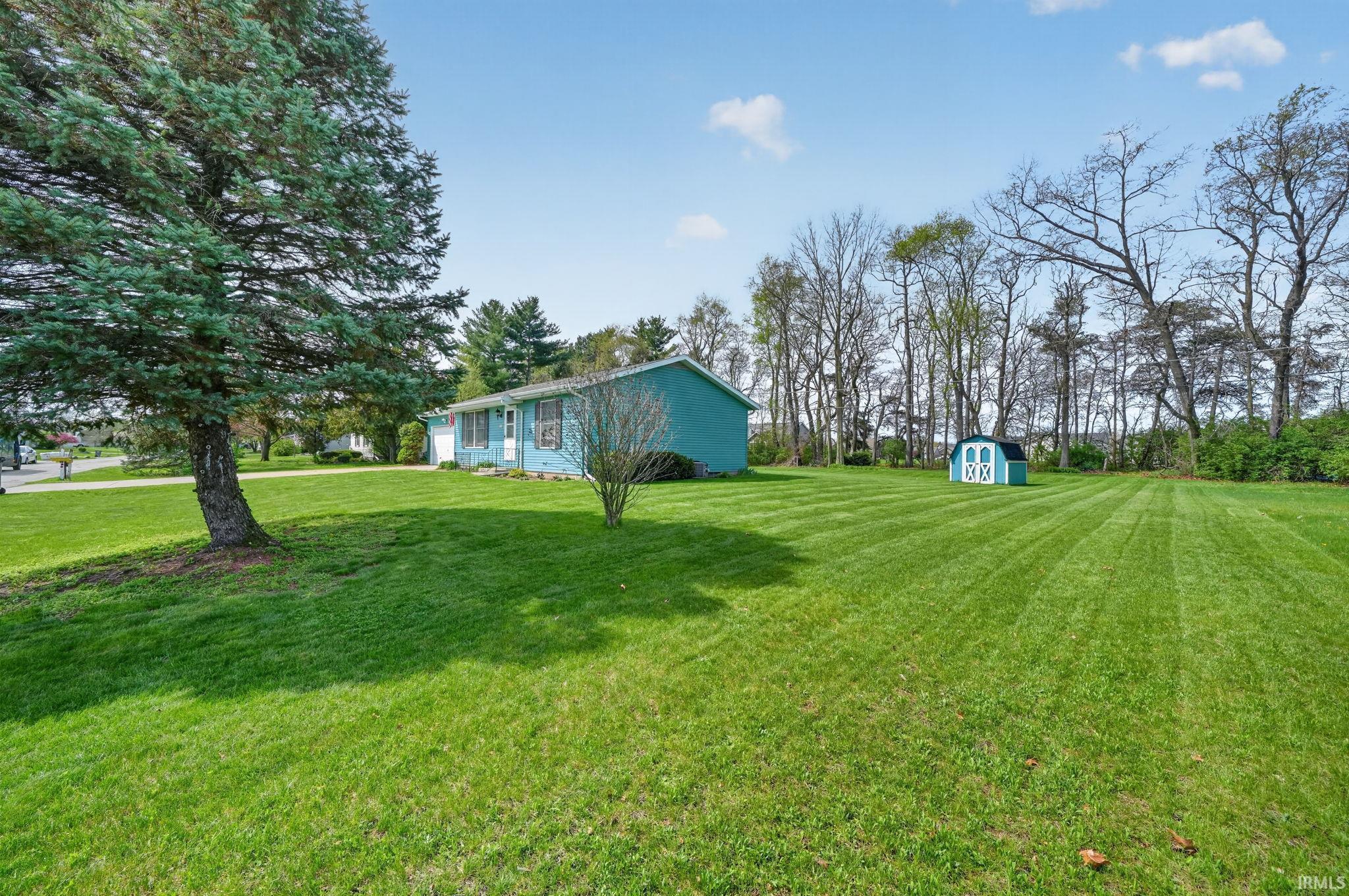 View of grassy yard featuring a storage shed and view of scattered trees