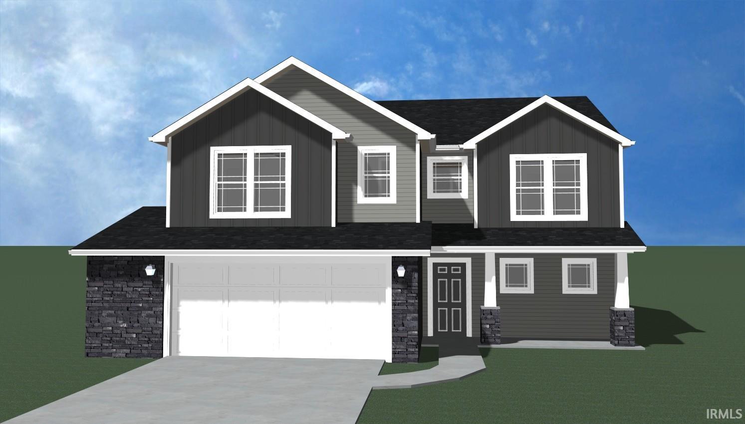 Two-story residence featuring gray siding, a stone facade accent, and a black shingle roof