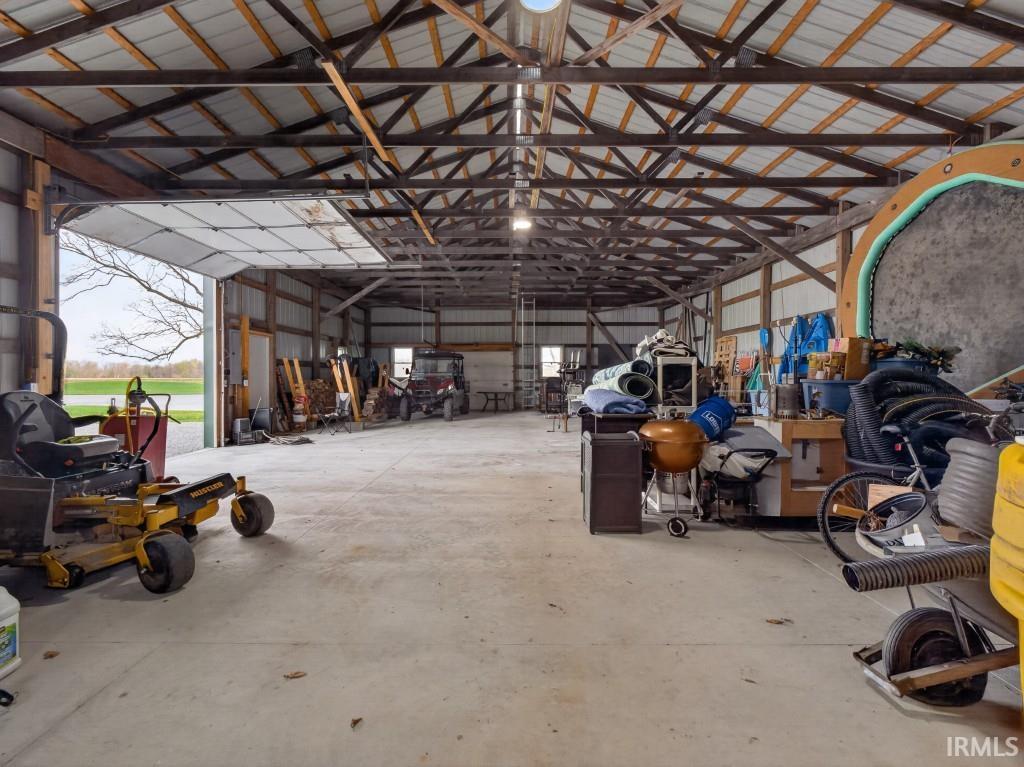 Garage featuring metal wall
