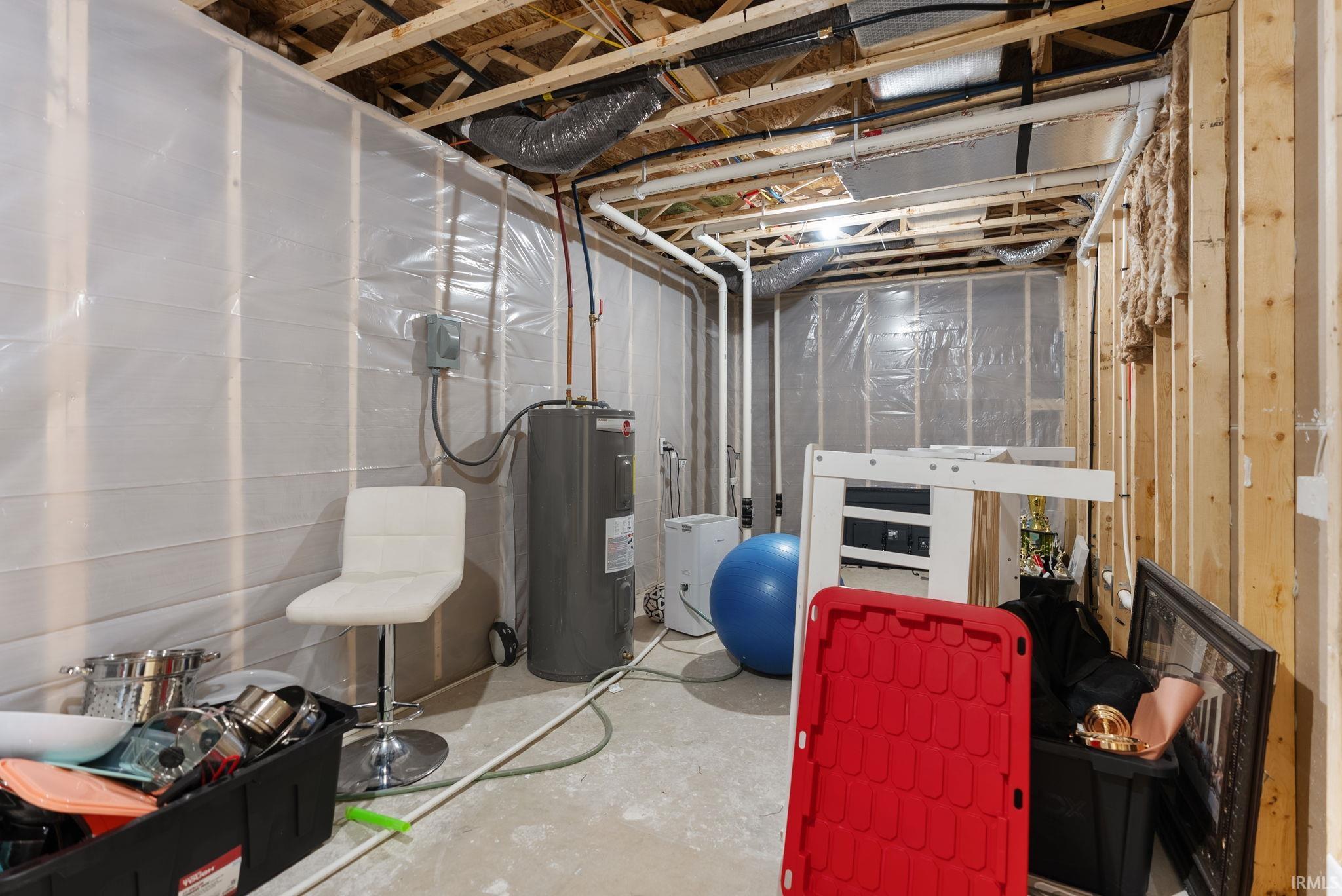 Unfinished below grade area featuring electric water heater